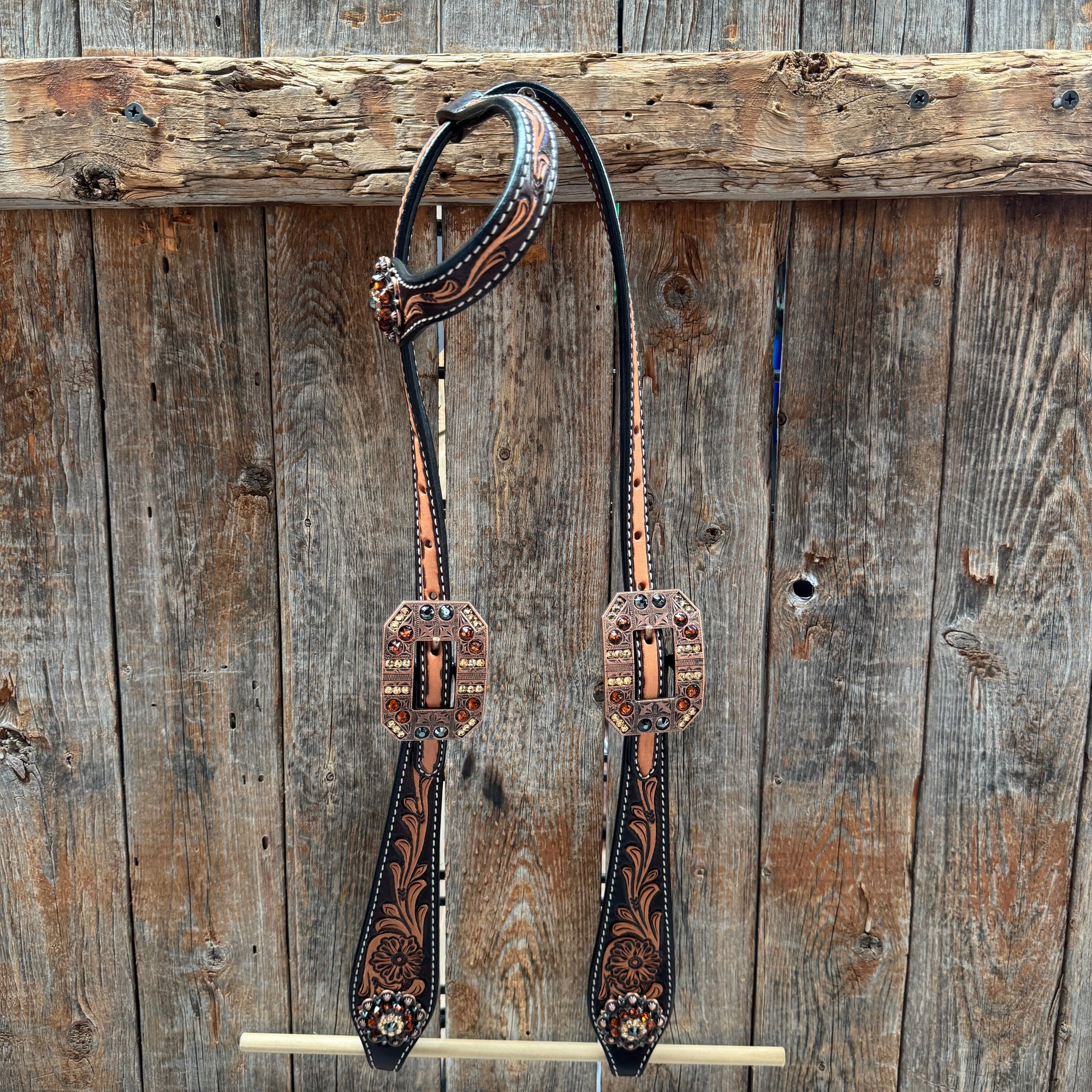 Two Tone Floral Jet, Champagne and Topaz Browband / One Ear Tack Set 
