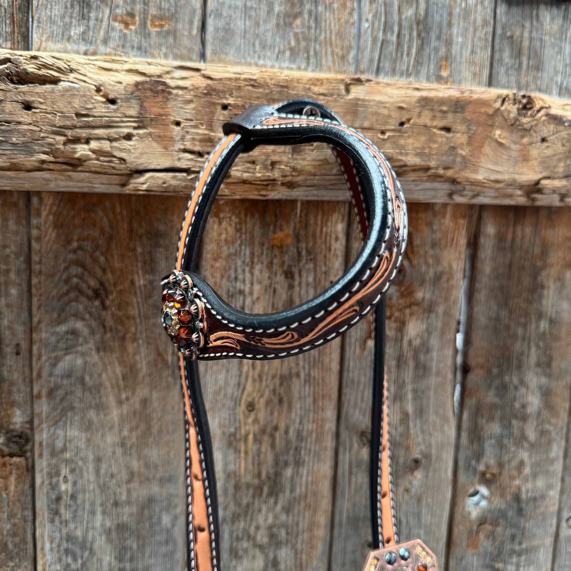 Two Tone Floral Jet, Champagne and Topaz Browband / One Ear Tack Set 
