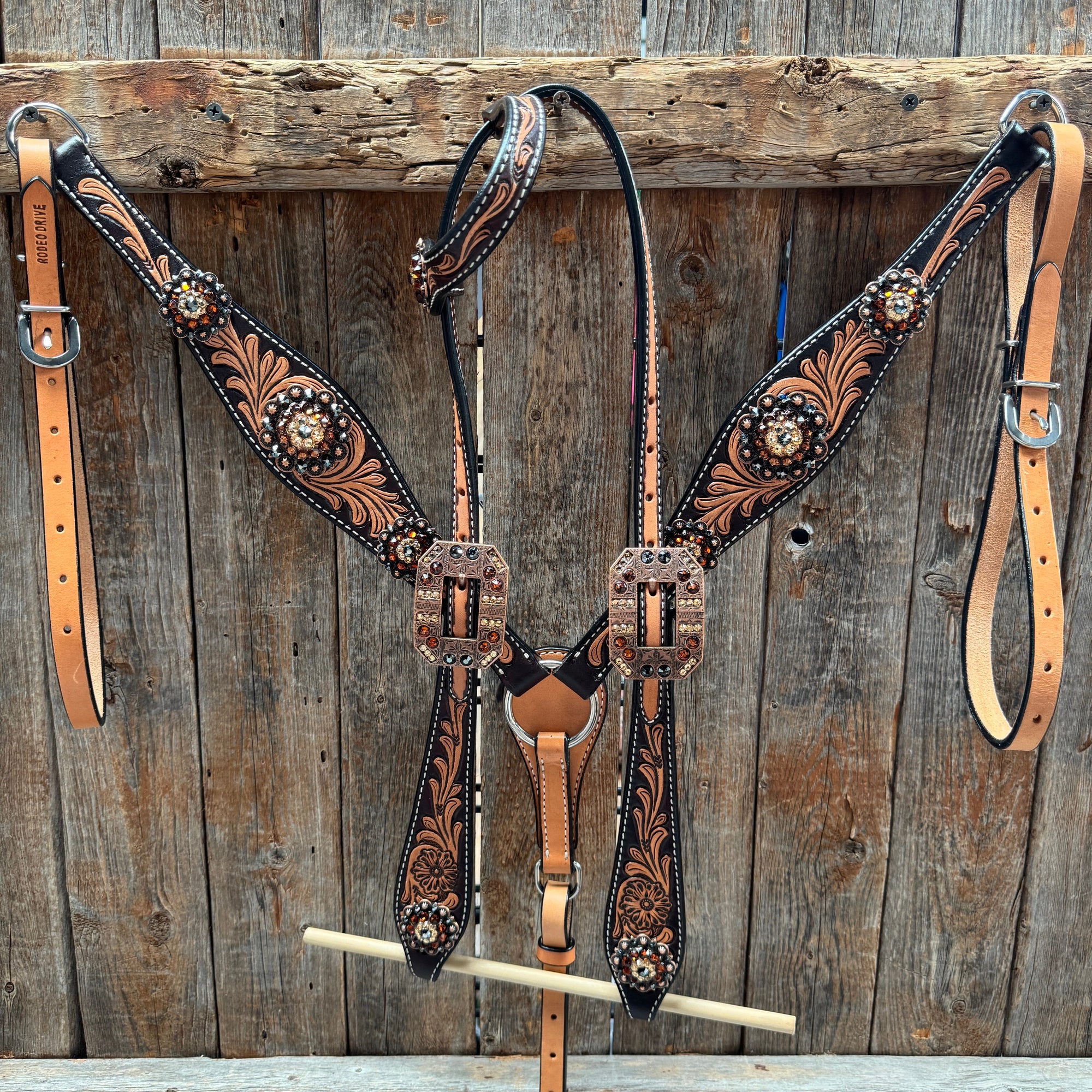 Two Tone Floral Jet, Champagne and Topaz Browband / One Ear Tack Set 