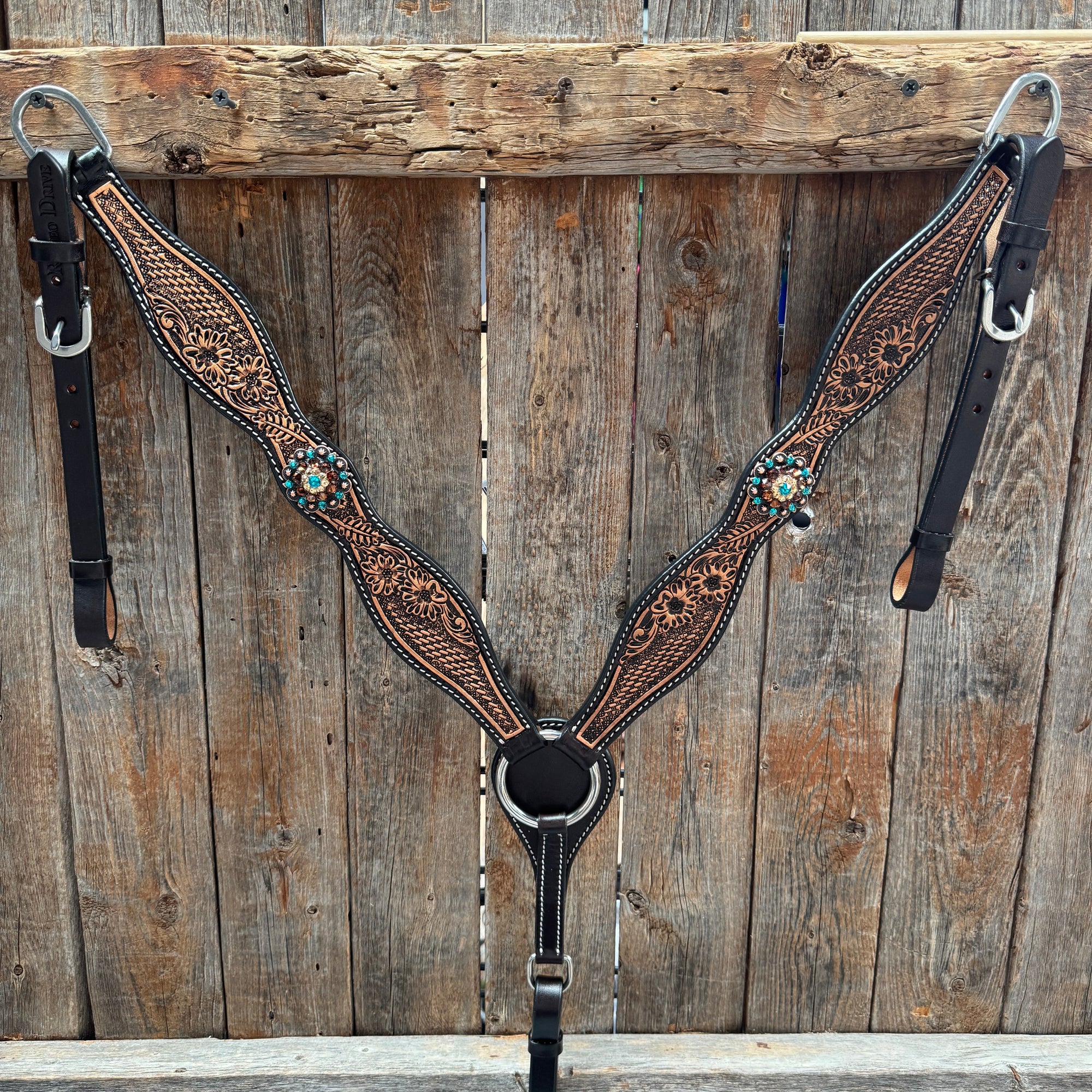 Two Tone Floral and Basketweave Teal, Champagne and Topaz Browband Tack Set 