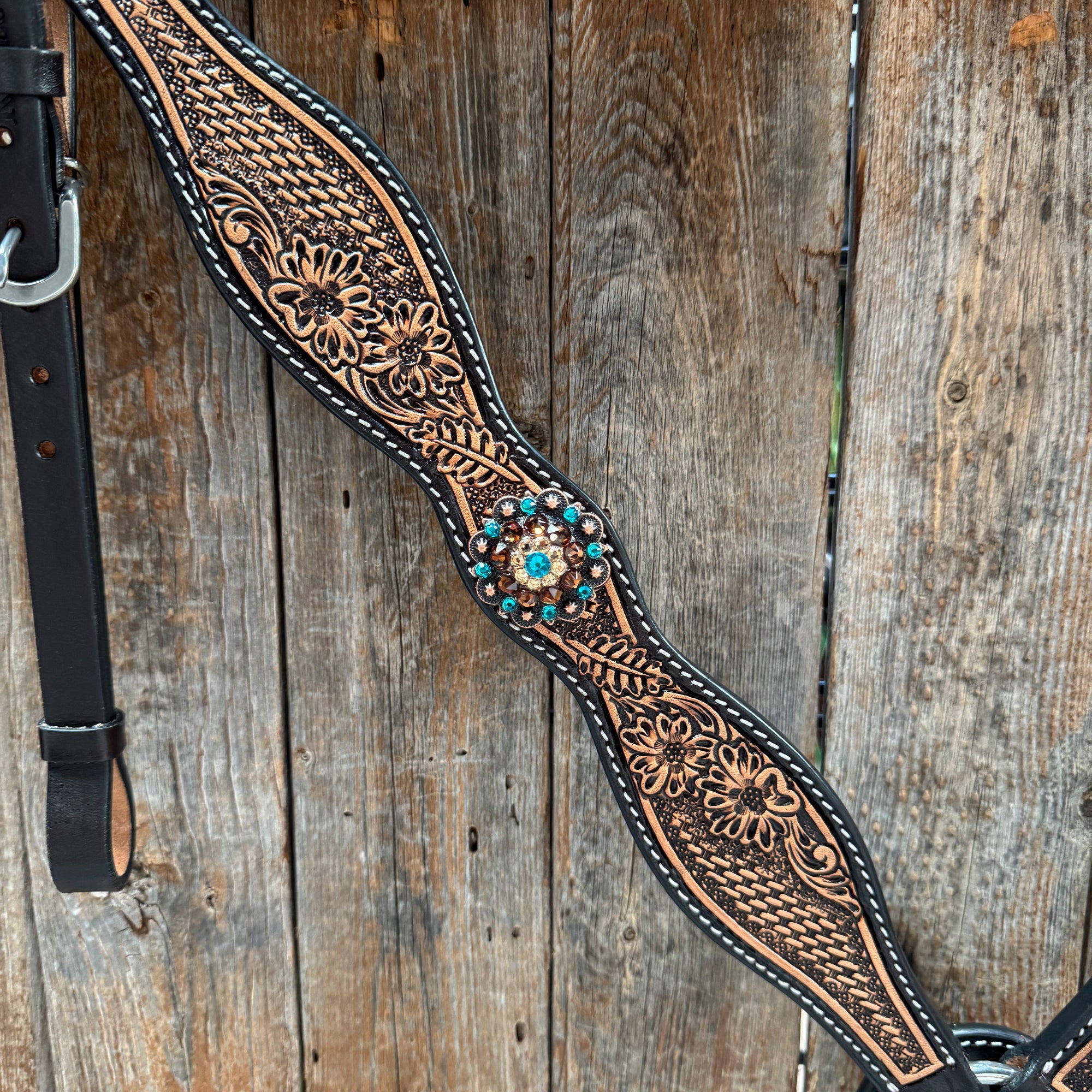 Two Tone Floral and Basketweave Teal, Champagne and Topaz Browband Tack Set 