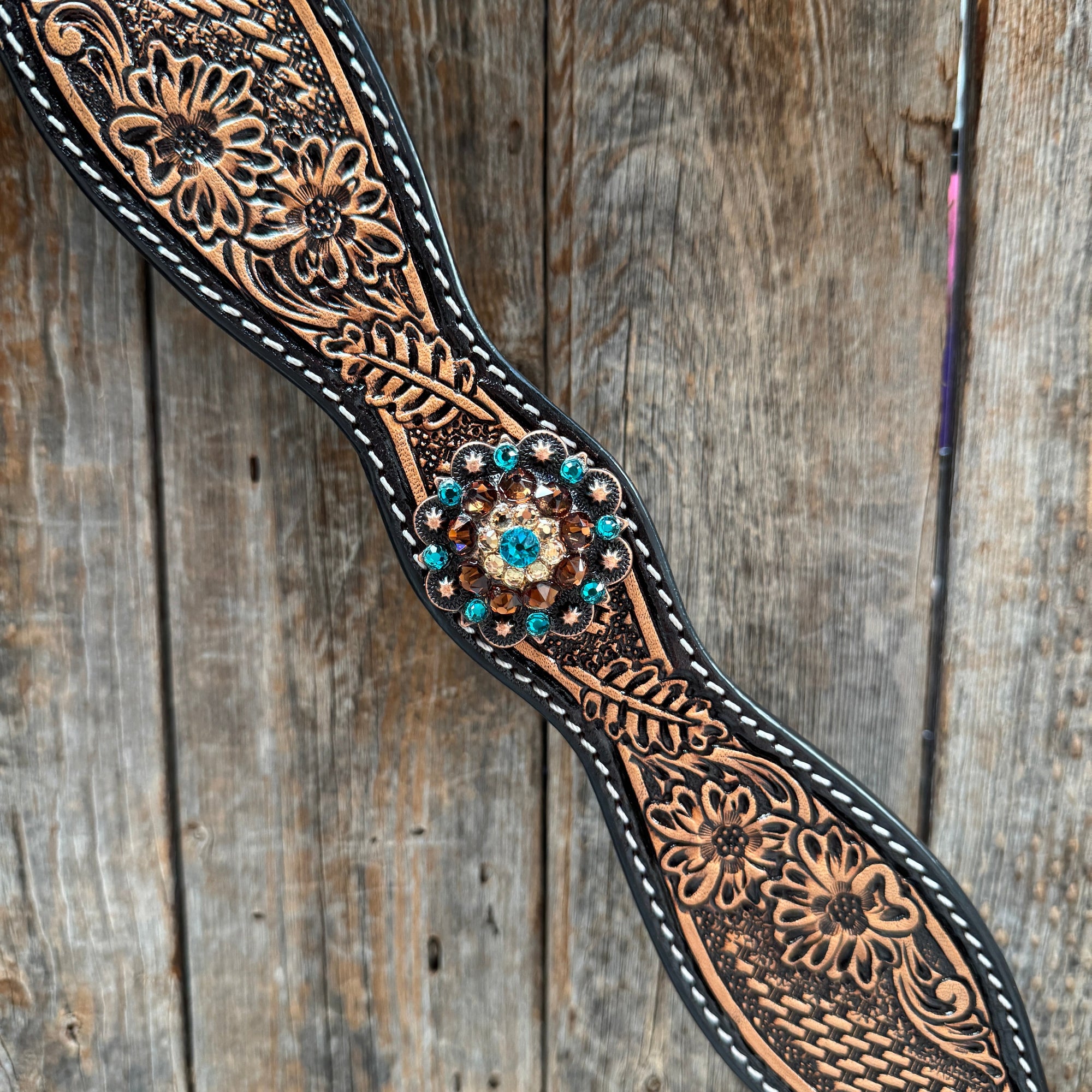 Two Tone Floral and Basketweave Teal, Champagne and Topaz Browband Tack Set 