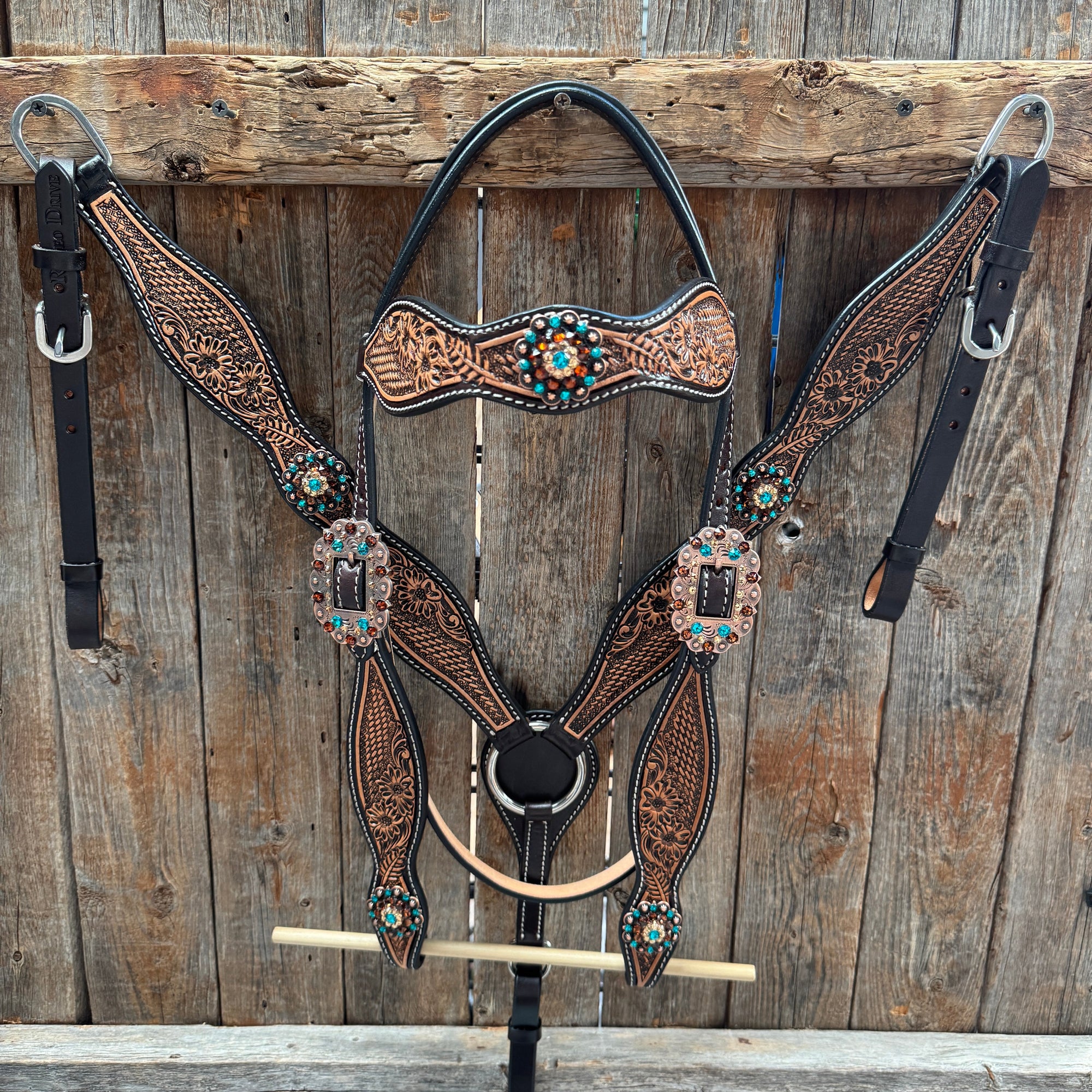 Two Tone Floral and Basketweave Teal, Champagne and Topaz Browband Tack Set 