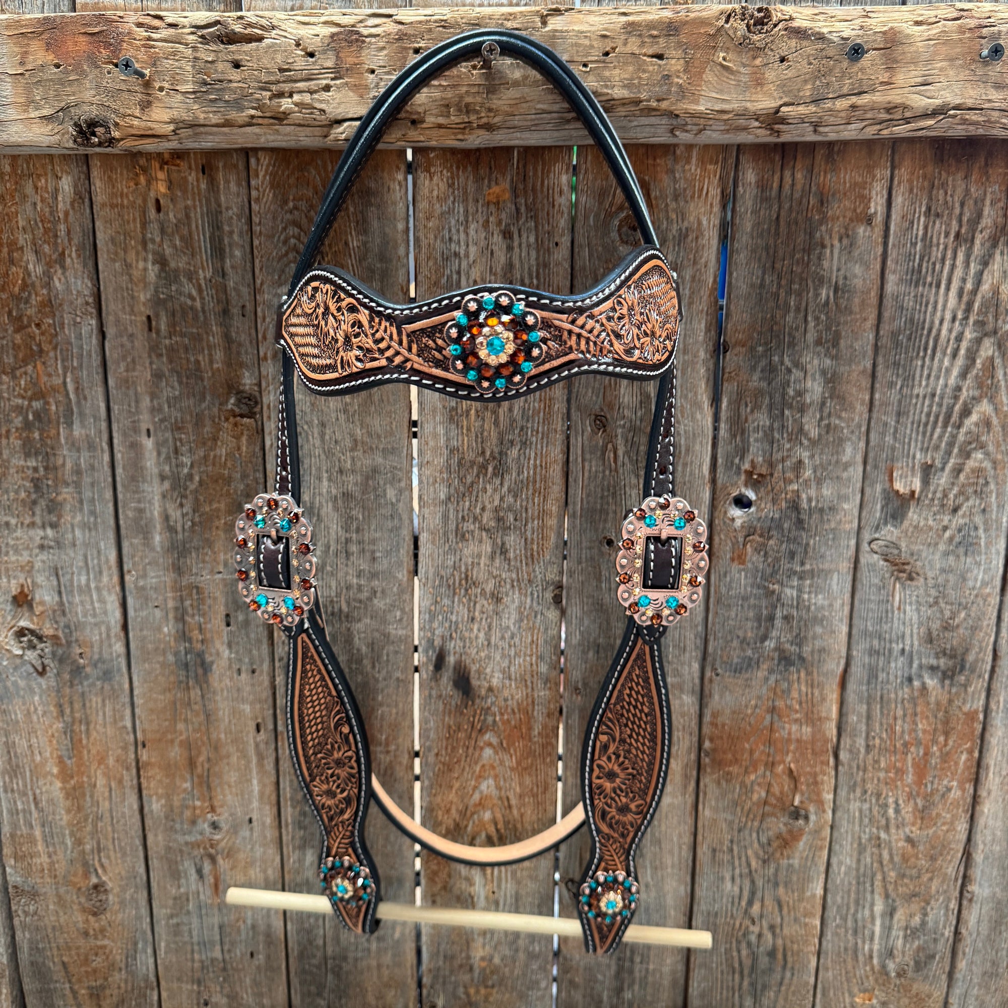 Two Tone Floral and Basketweave Teal, Champagne and Topaz Browband Tack Set 