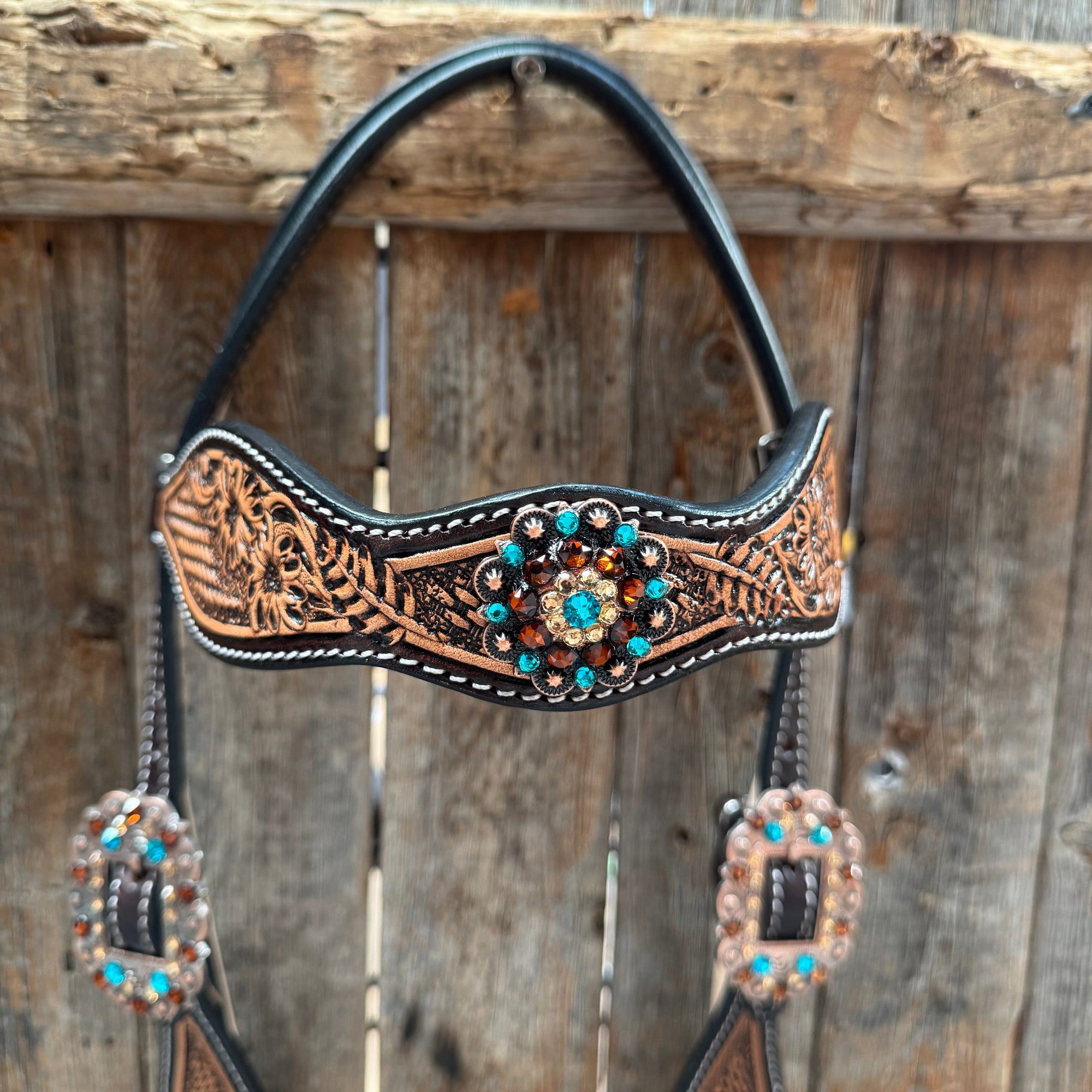 Two Tone Floral and Basketweave Teal, Champagne and Topaz Browband Tack Set 