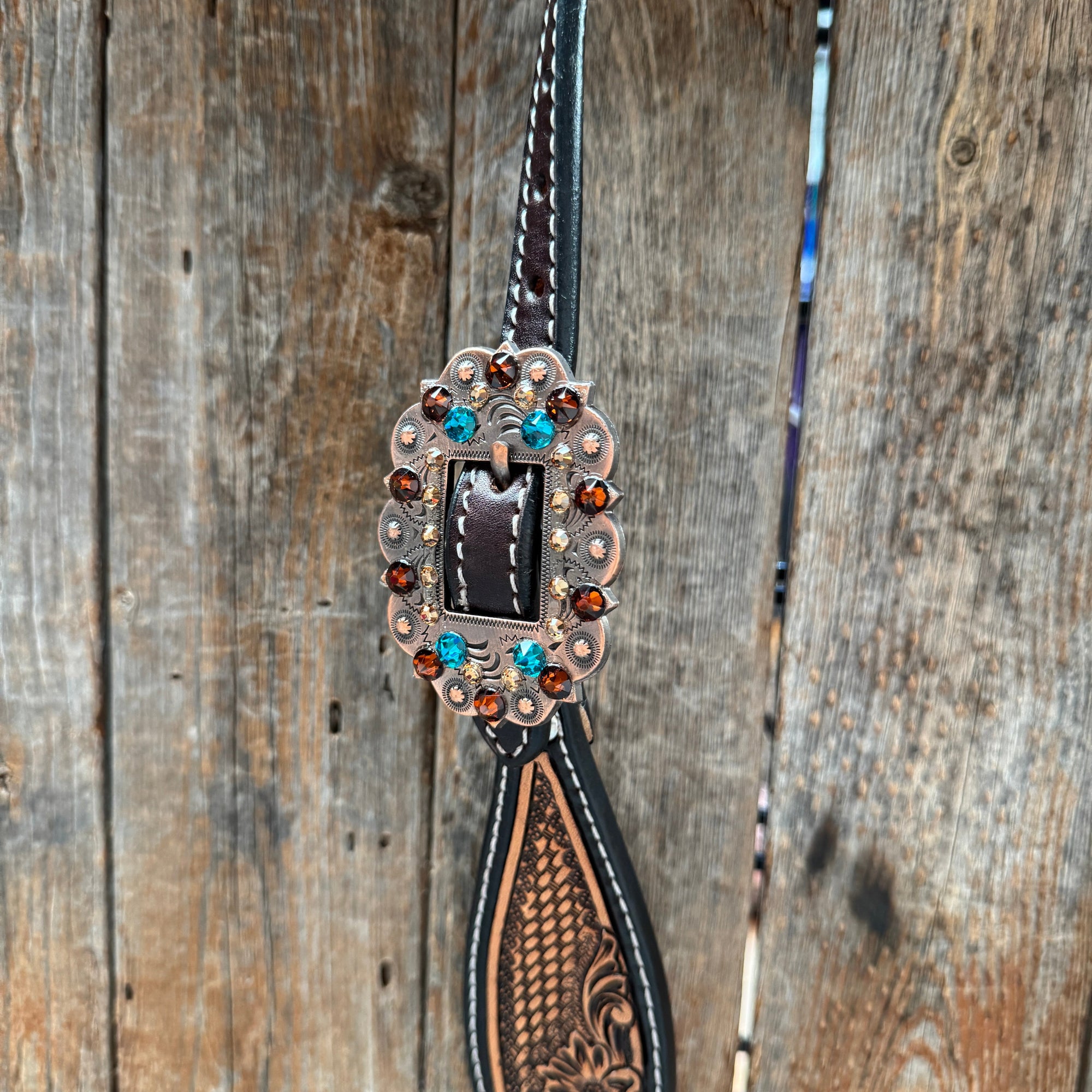Two Tone Floral and Basketweave Teal, Champagne and Topaz Browband Tack Set 