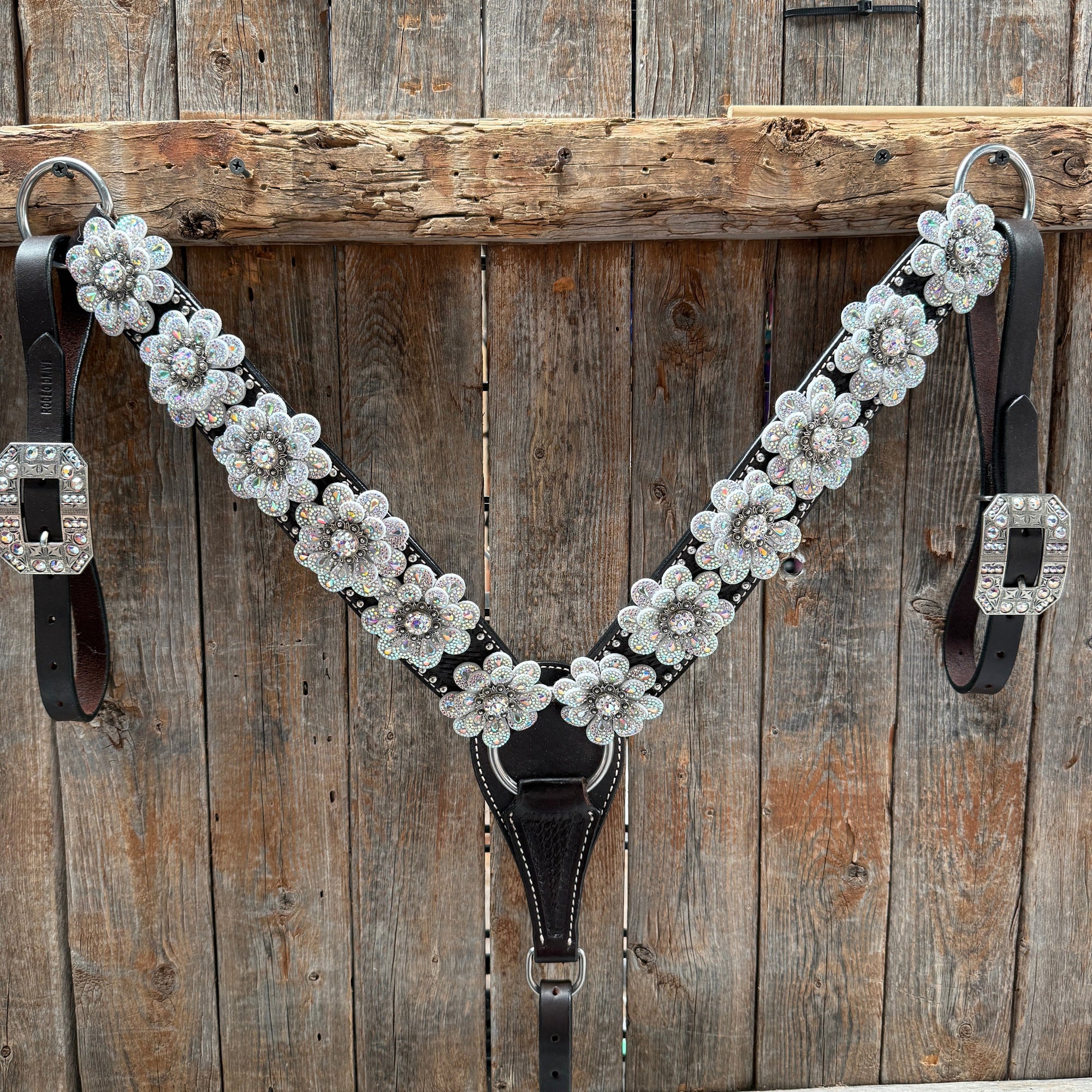 Dark Oil Basketweave with Silver Dots Rhinestone Flower One Ear Tack Set 