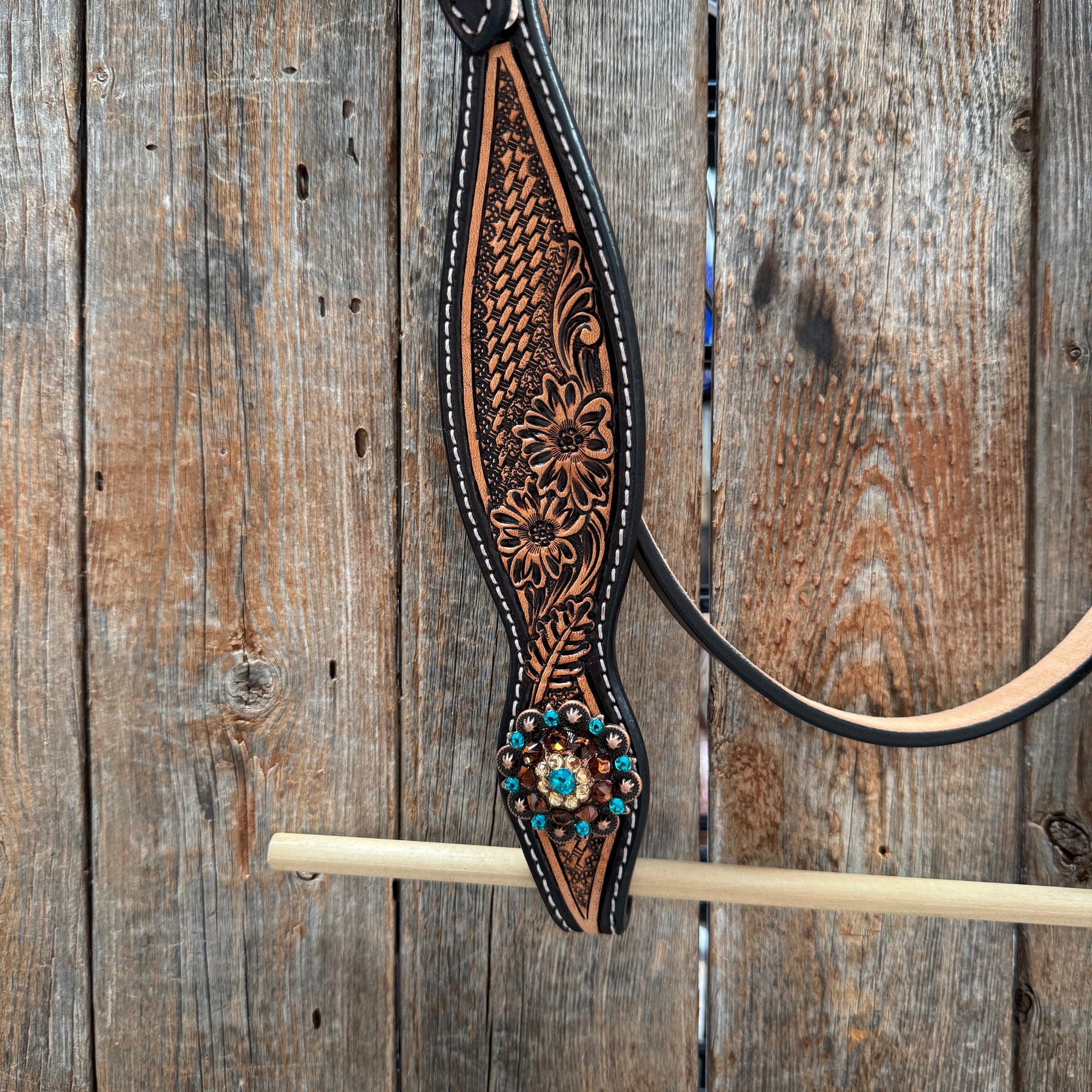 Two Tone Floral and Basketweave Teal, Champagne and Topaz Browband Tack Set 