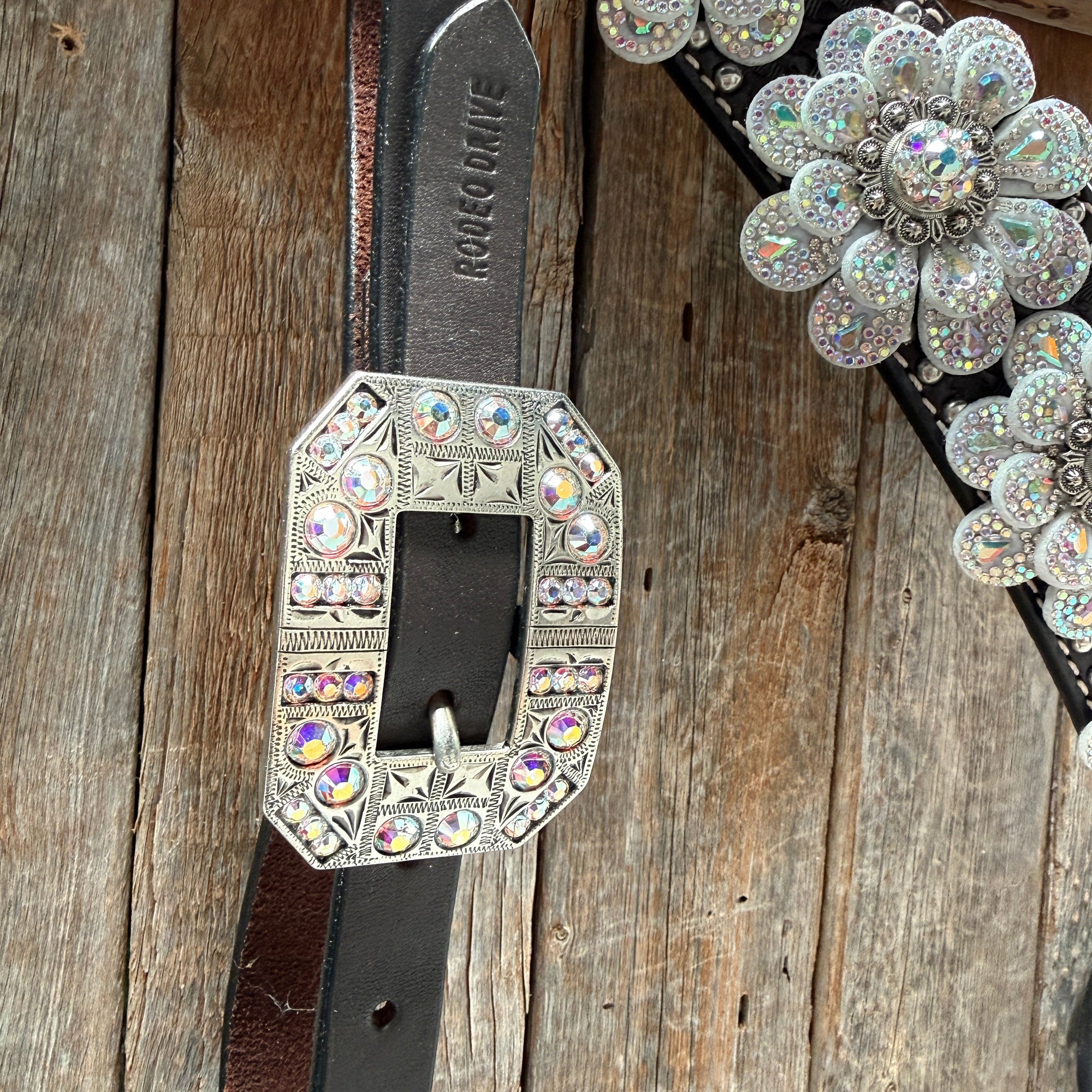 Dark Oil Basketweave with Silver Dots Rhinestone Flower One Ear Tack Set 