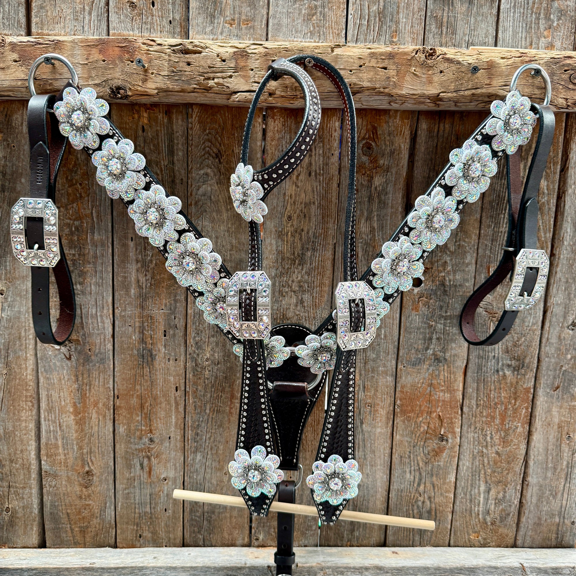 Dark Oil Basketweave with Silver Dots Rhinestone Flower One Ear Tack Set 