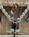 Dark Oil Basketweave with Silver Dots Rhinestone Flower One Ear Tack Set 