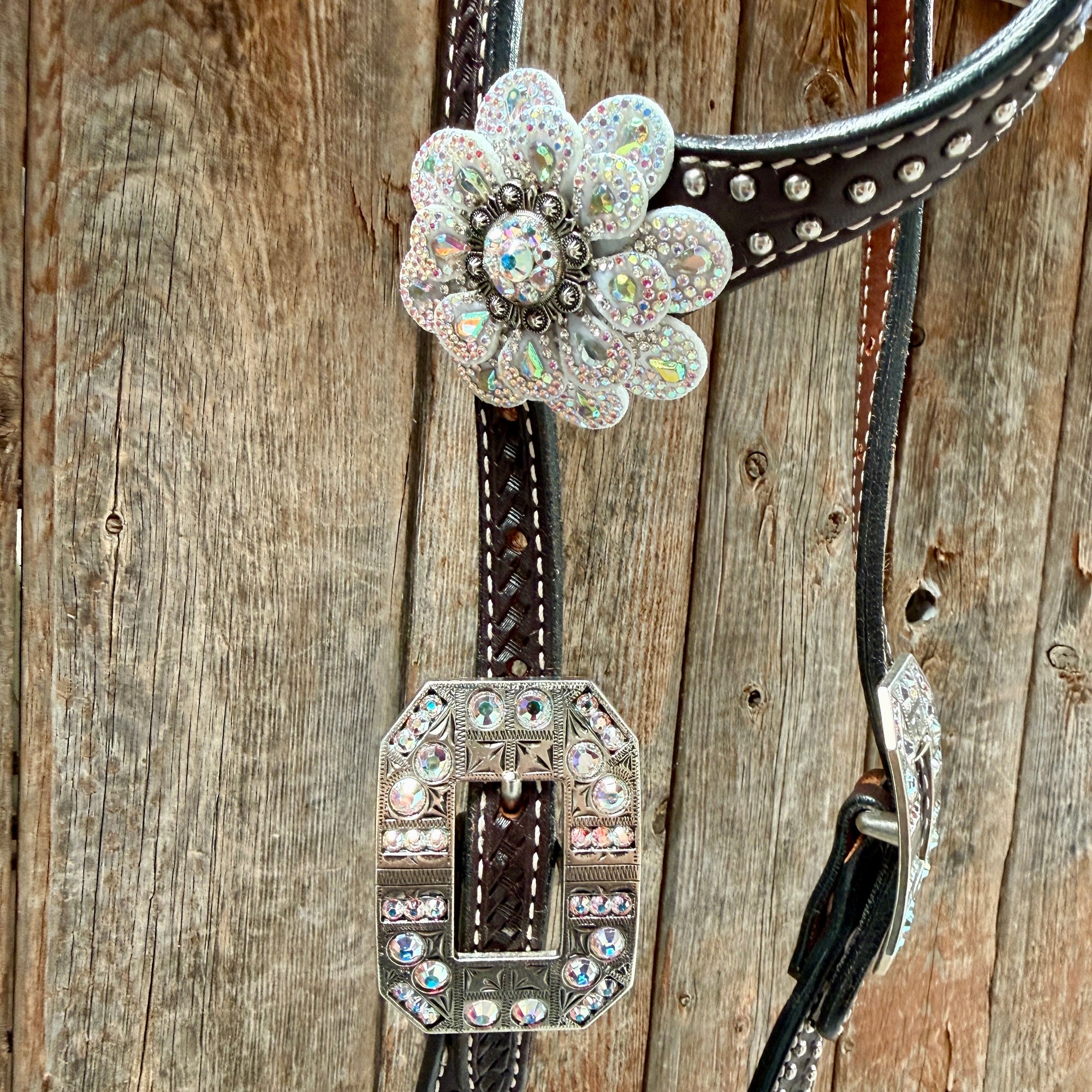 Dark Oil Basketweave with Silver Dots Rhinestone Flower One Ear Tack Set 