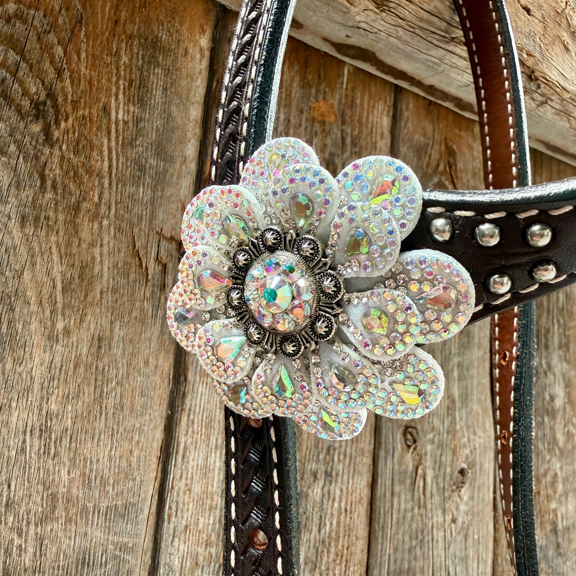 Dark Oil Basketweave with Silver Dots Rhinestone Flower One Ear Tack Set 