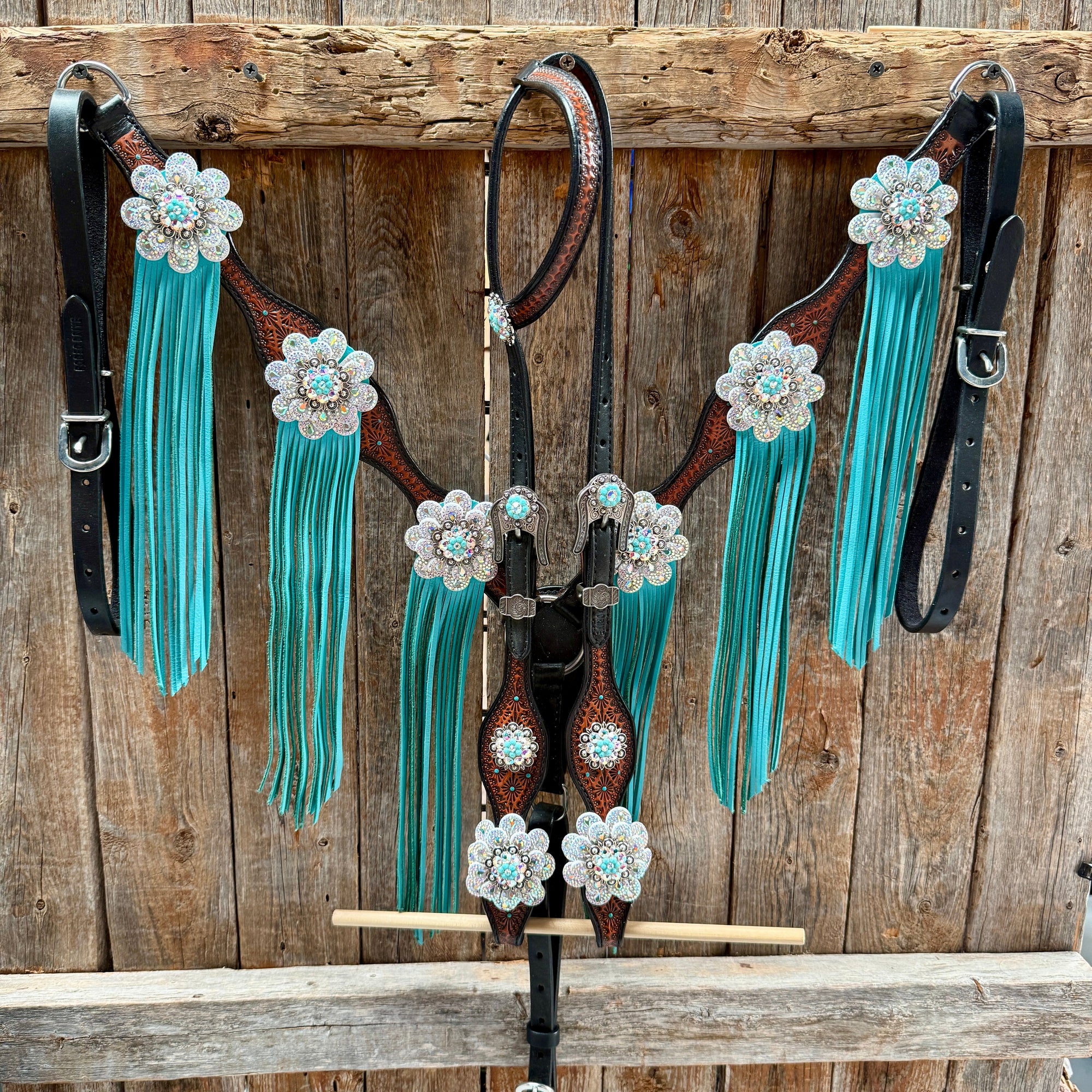 Teal Diamond Turquoise and AB Browband / One Ear - Breastcollar Tack Set 
