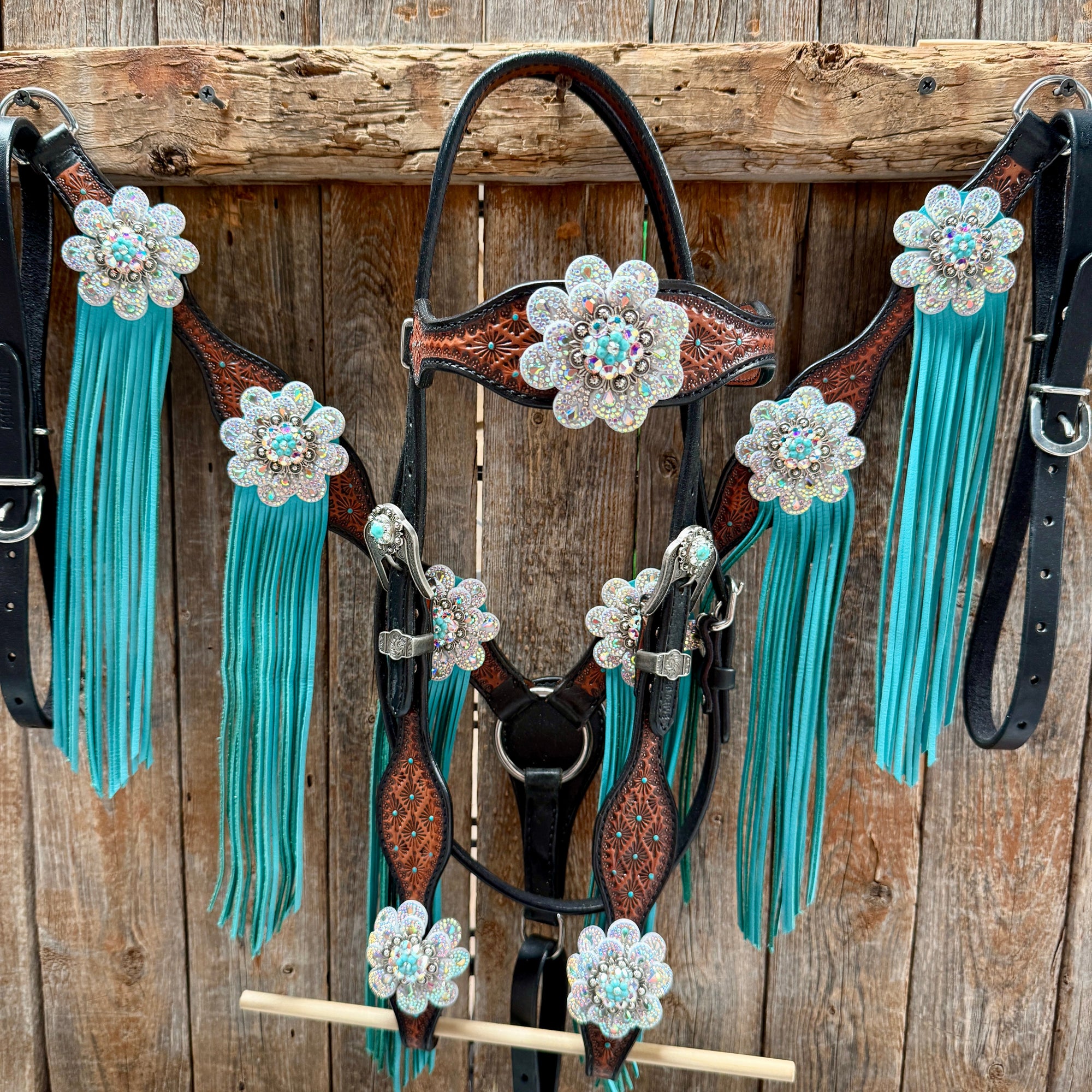 Teal Diamond Turquoise and AB Browband / One Ear - Breastcollar Tack Set 