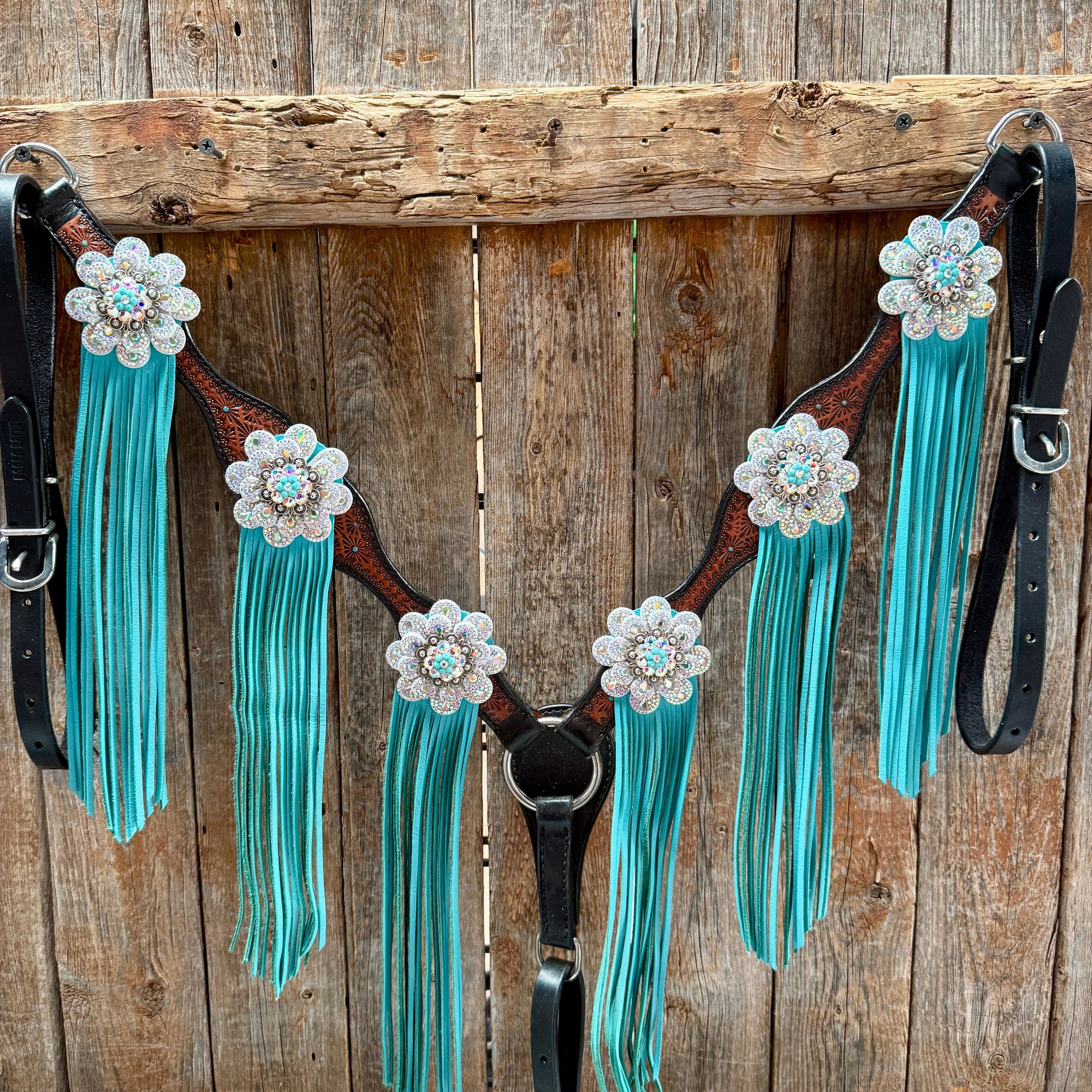 Teal Diamond Turquoise and AB Browband / One Ear - Breastcollar Tack Set 