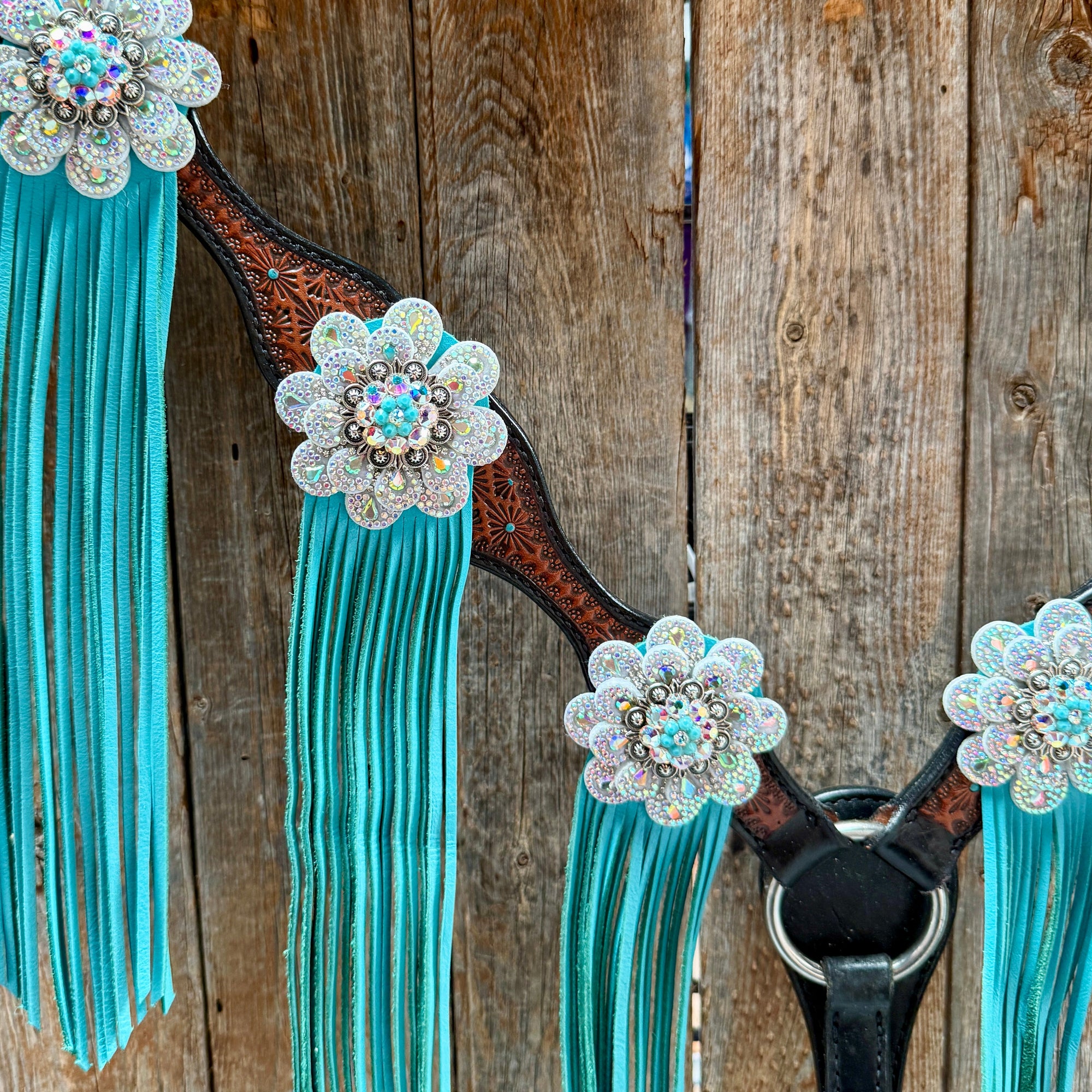 Teal Diamond Turquoise and AB Browband / One Ear - Breastcollar Tack Set 
