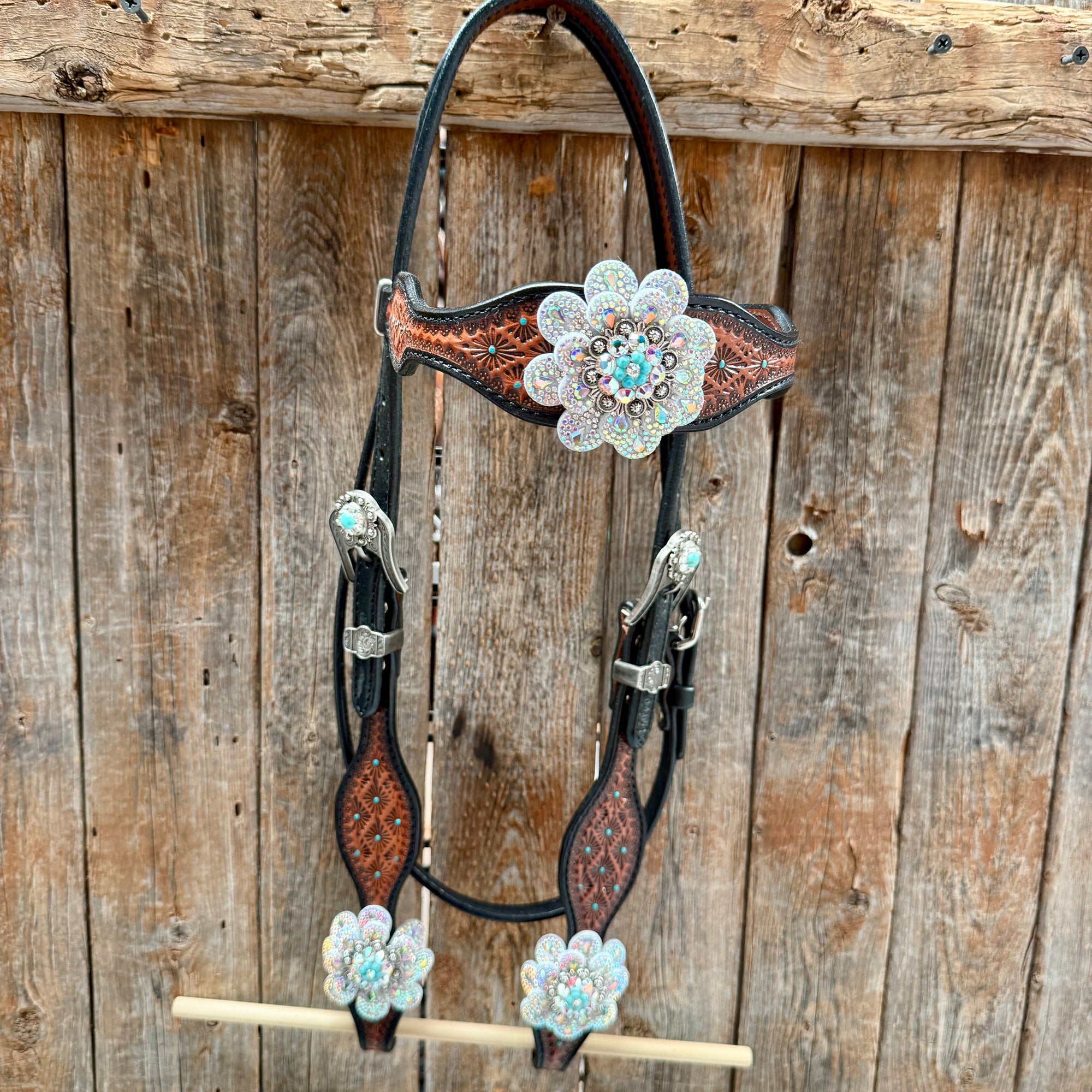 Teal Diamond Turquoise and AB Browband / One Ear - Breastcollar Tack Set 