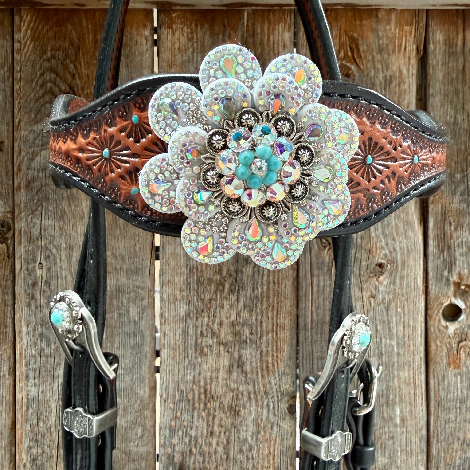 Teal Diamond Turquoise and AB Browband / One Ear - Breastcollar Tack Set 