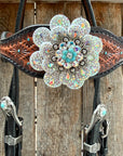 Teal Diamond Turquoise and AB Browband / One Ear - Breastcollar Tack Set 