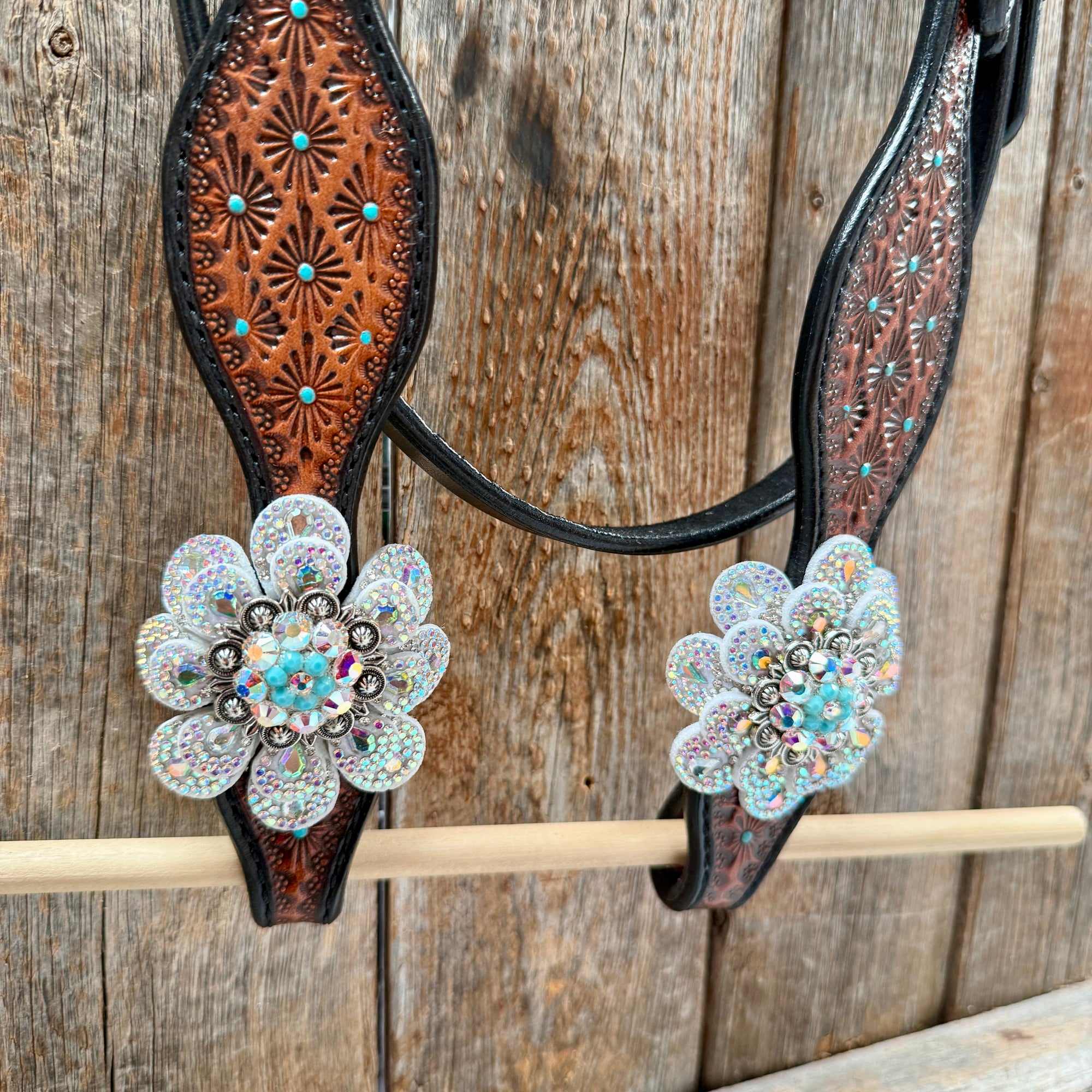 Teal Diamond Turquoise and AB Browband / One Ear - Breastcollar Tack Set 