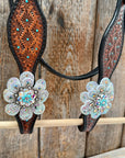 Teal Diamond Turquoise and AB Browband / One Ear - Breastcollar Tack Set 