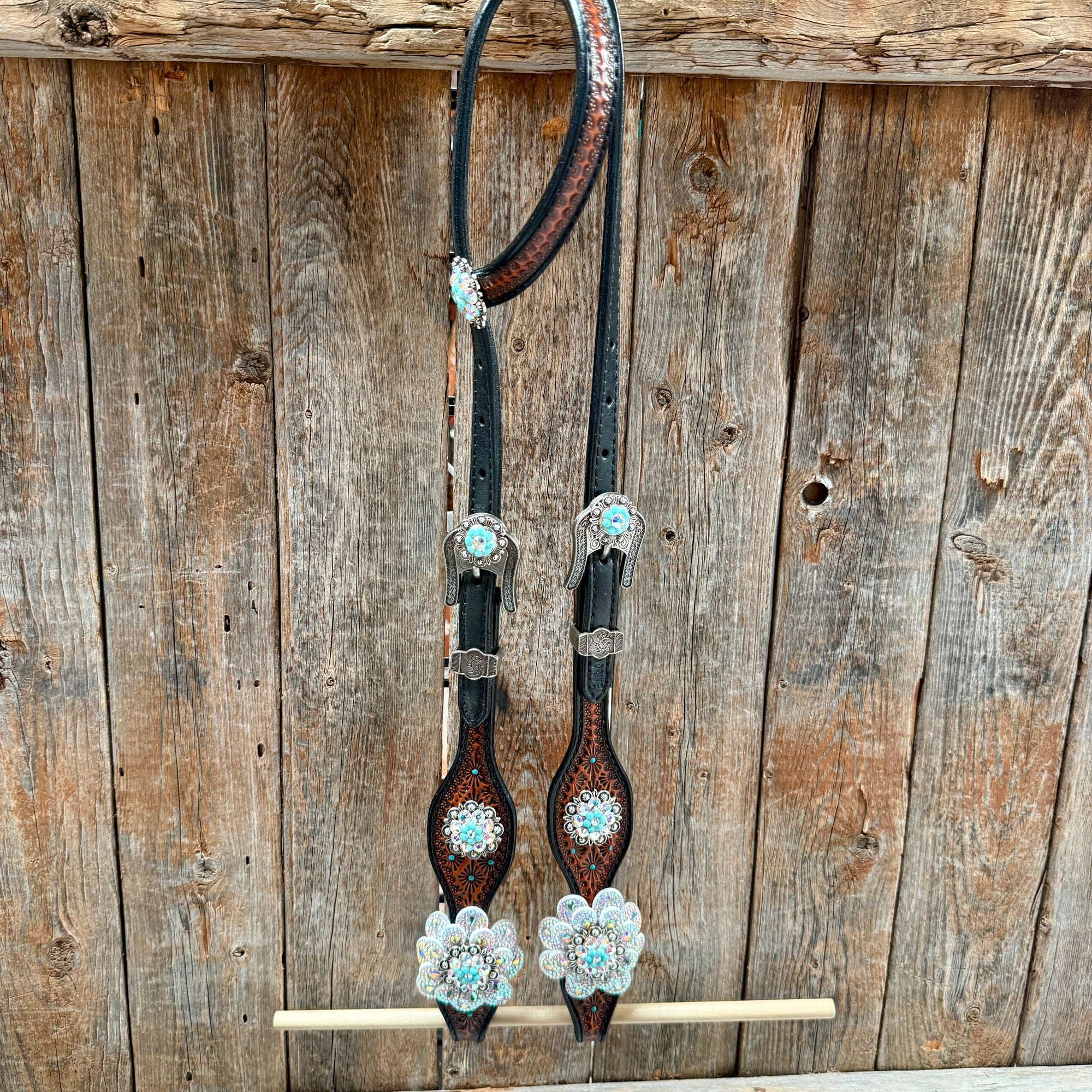 Teal Diamond Turquoise and AB Browband / One Ear - Breastcollar Tack Set 