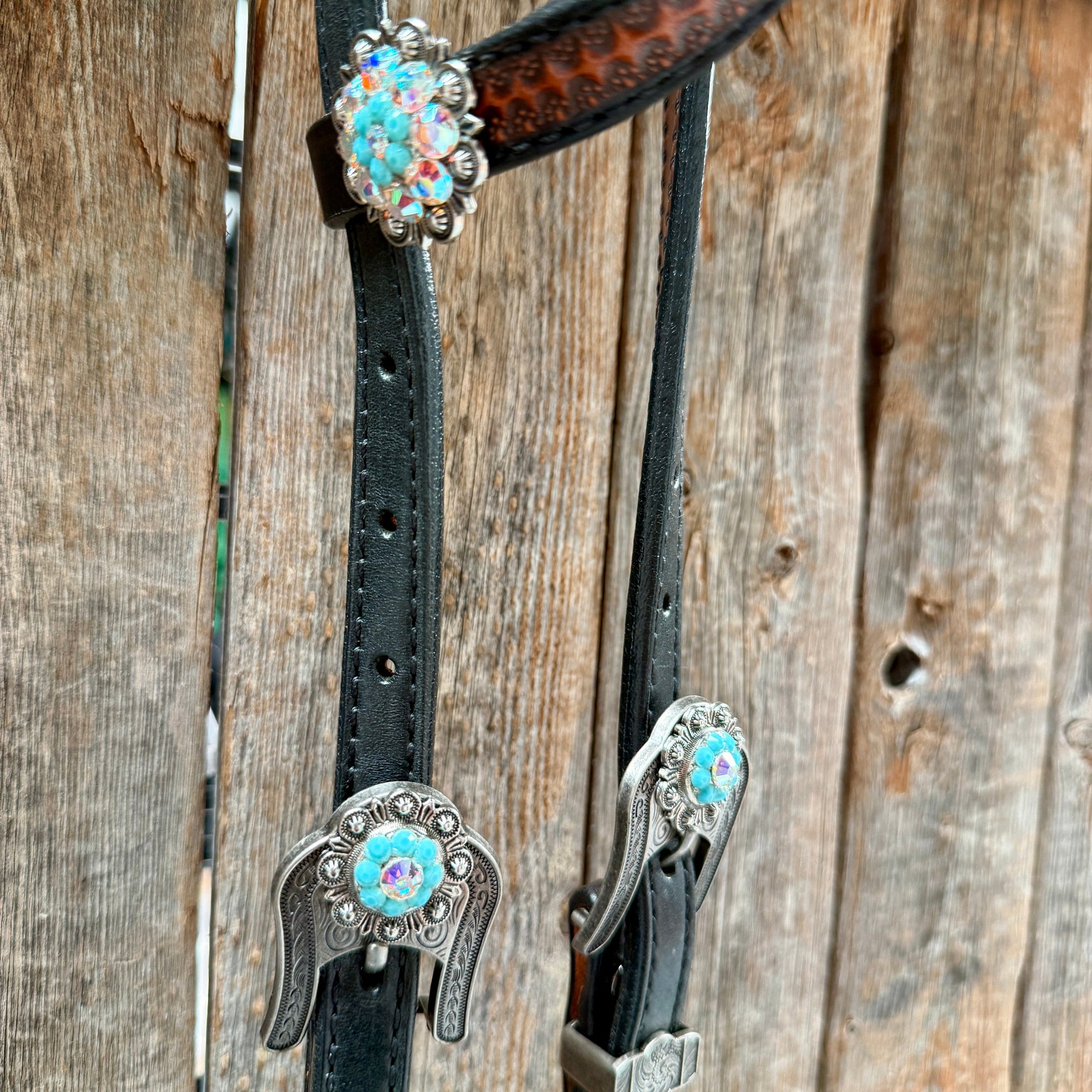 Teal Diamond Turquoise and AB Browband / One Ear - Breastcollar Tack Set 
