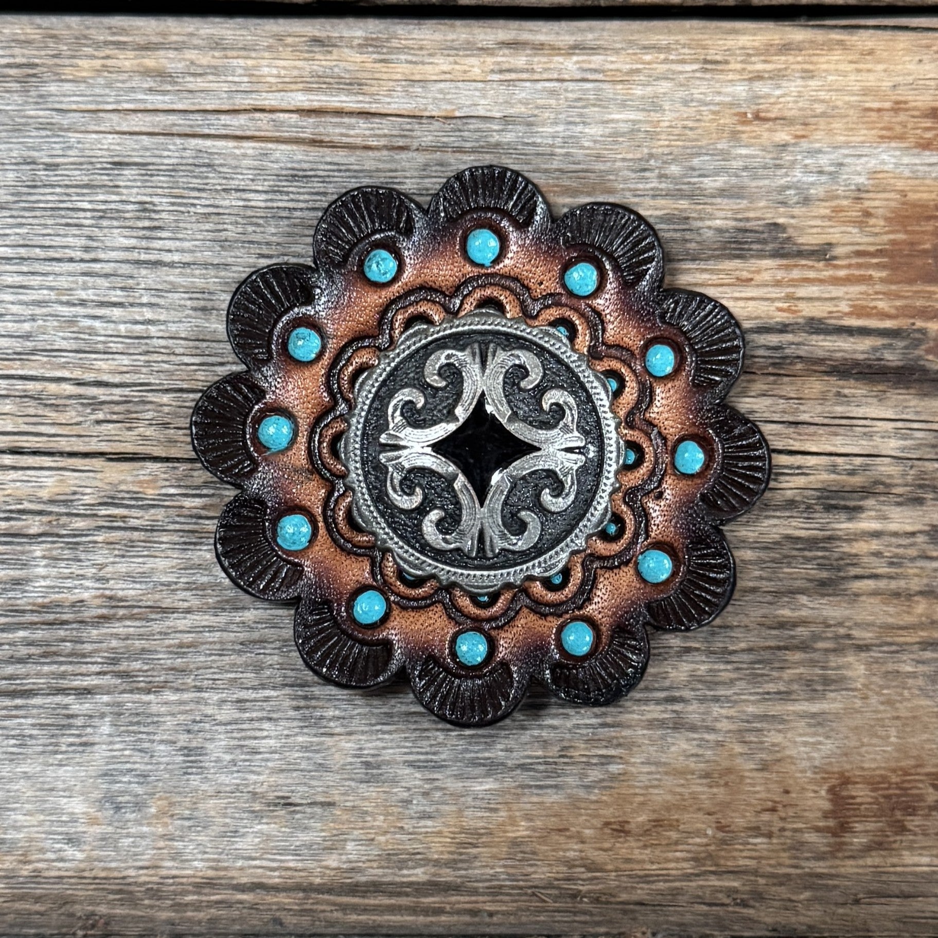 Leather Rosette Dark Oil Edges with Black Diamond Antique Silver Western Concho R112W213S