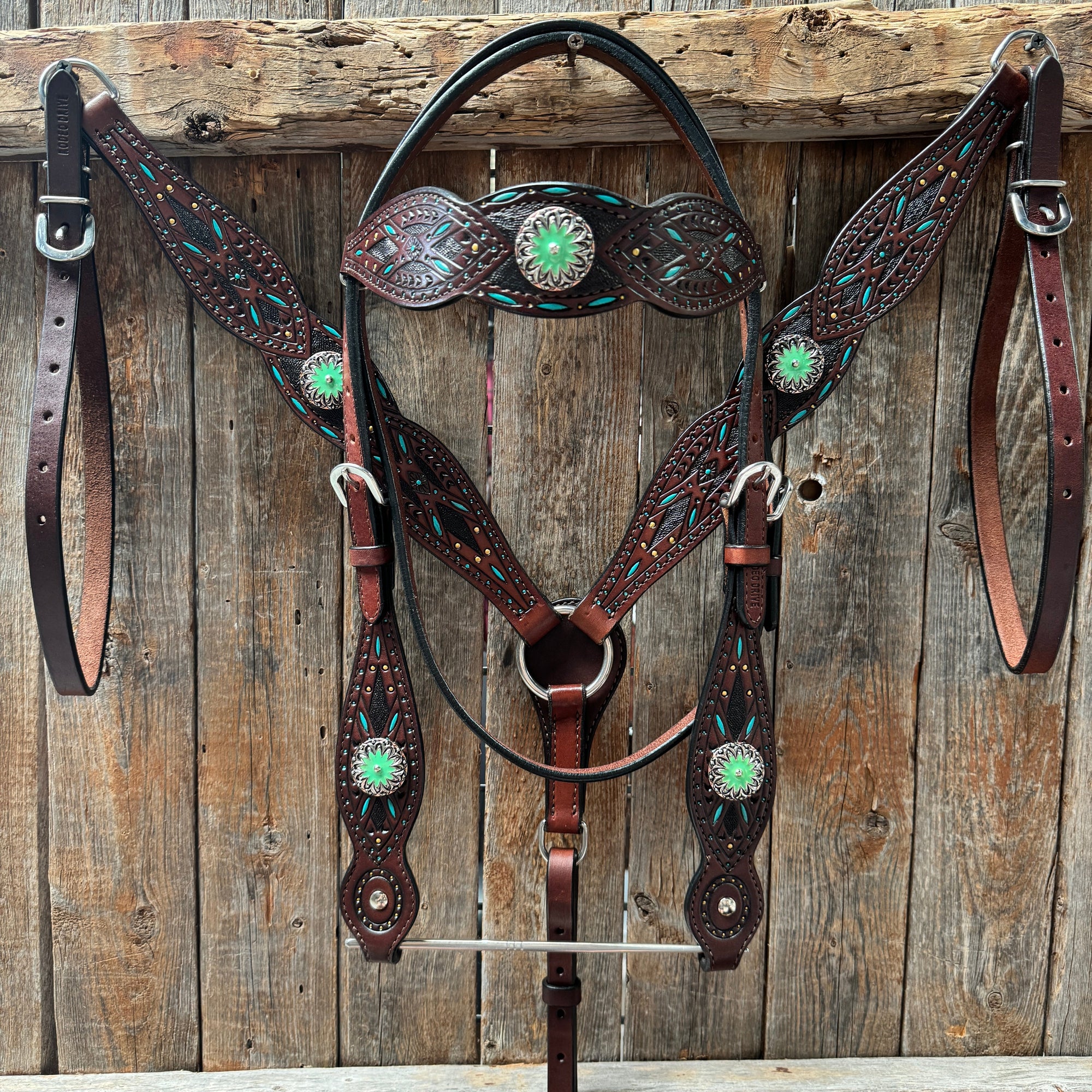 Dark Oil Hand Painted Antique Silver Turquoise Browband/One Ear and  Breastcollar Tack Set 
