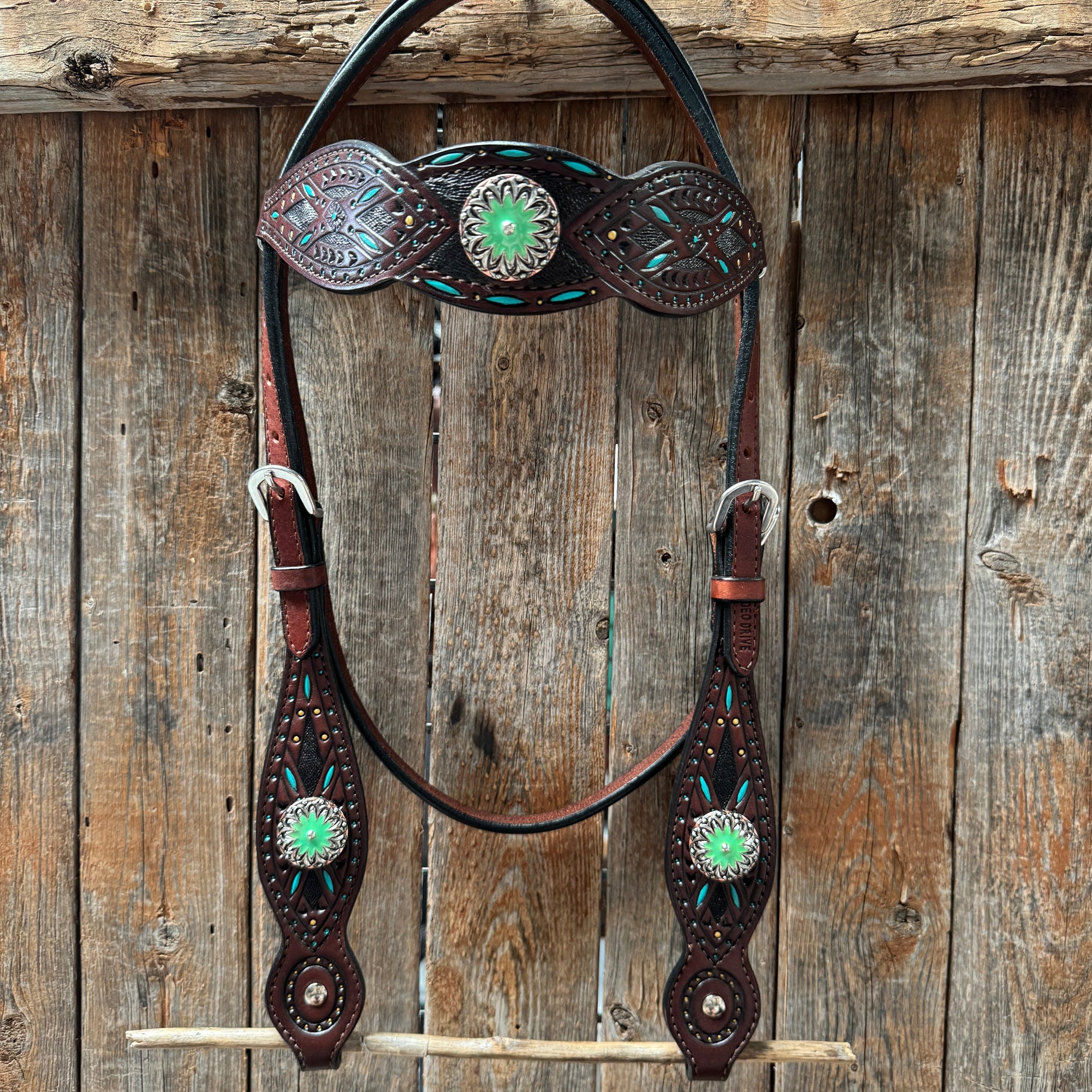 Dark Oil Hand Painted Antique Silver Turquoise Browband/One Ear and  Breastcollar Tack Set 