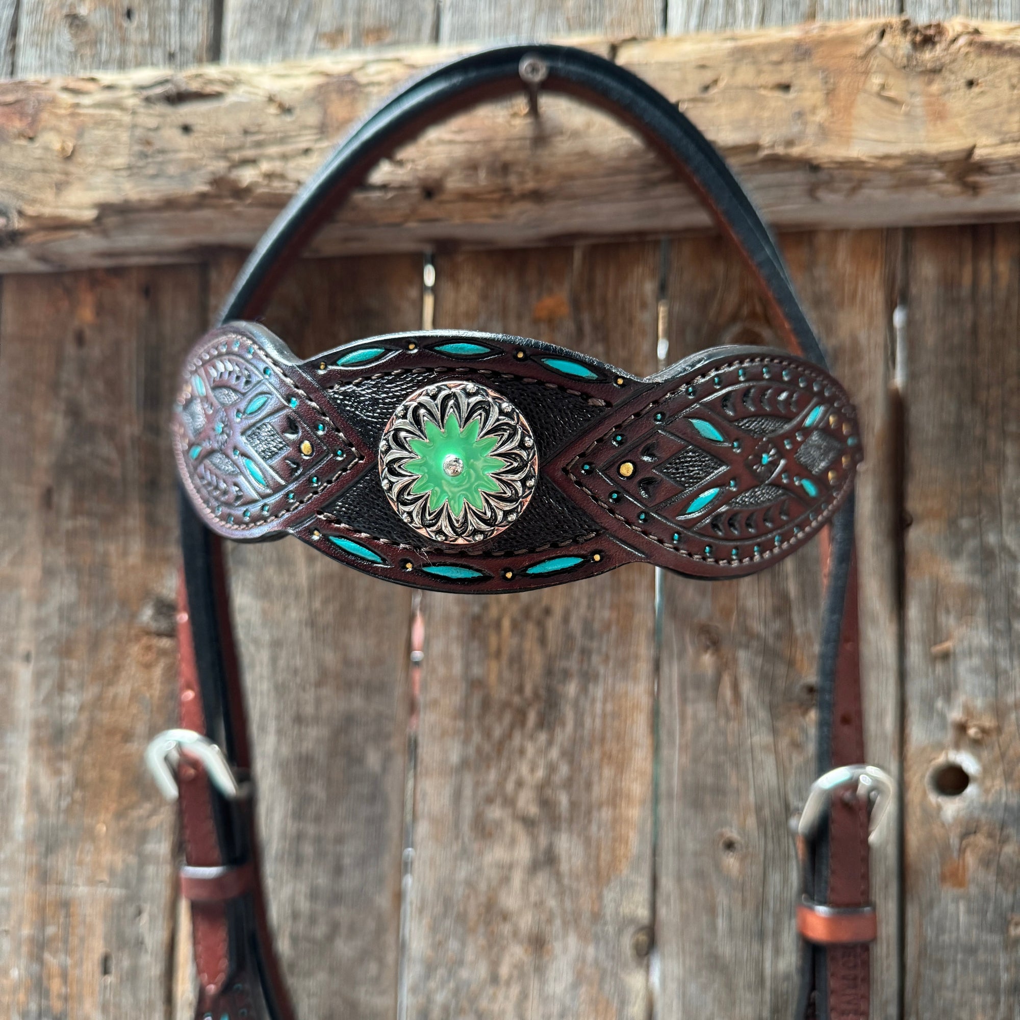 Dark Oil Hand Painted Antique Silver Turquoise Browband/One Ear and  Breastcollar Tack Set 