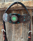 Dark Oil Hand Painted Antique Silver Turquoise Browband/One Ear and  Breastcollar Tack Set 