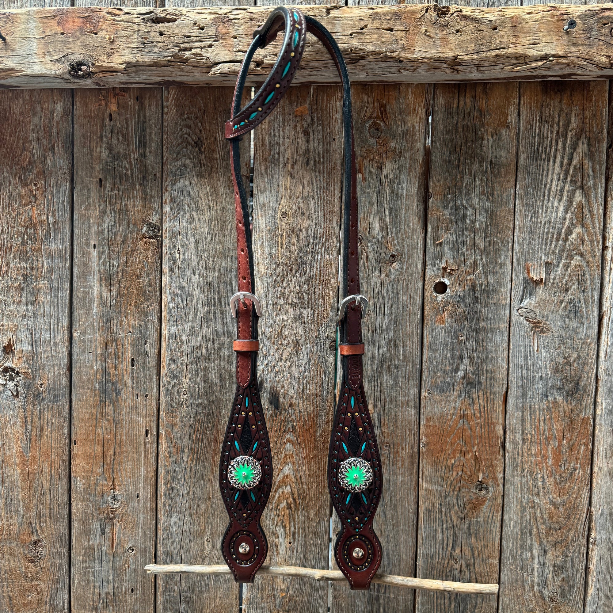 Dark Oil Hand Painted Antique Silver Turquoise Browband/One Ear and  Breastcollar Tack Set 