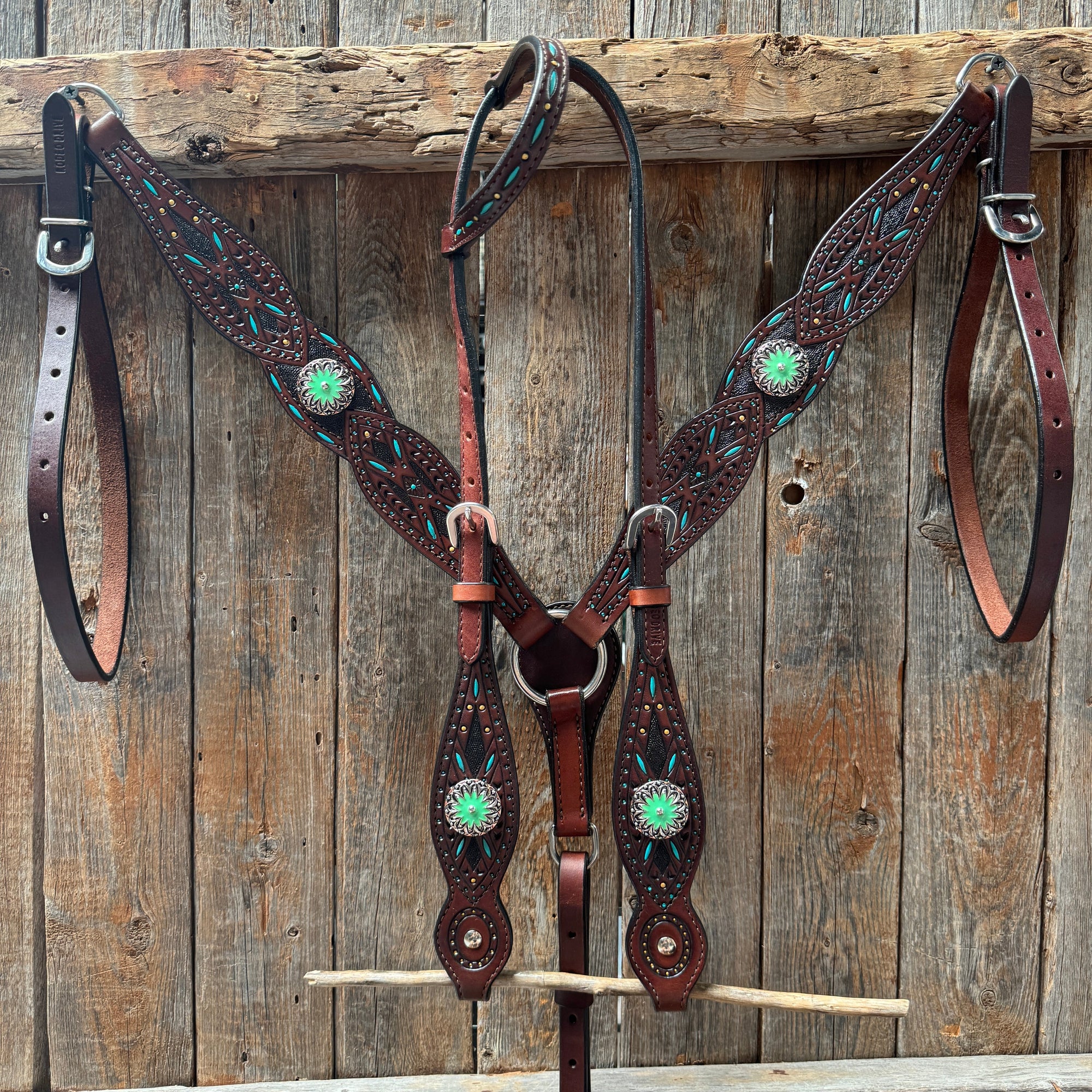 Dark Oil Hand Painted Antique Silver Turquoise Browband/One Ear and  Breastcollar Tack Set 