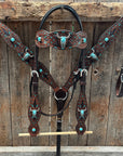 Dark Oil Hand Painted Steer Head and Turquoise Browband/One Ear and Breastcollar Tack Set 