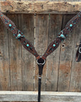 Dark Oil Hand Painted Steer Head and Turquoise Browband/One Ear and Breastcollar Tack Set 