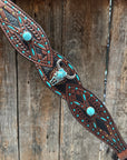 Dark Oil Hand Painted Steer Head and Turquoise Browband/One Ear and Breastcollar Tack Set 