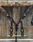 Dark Oil Hand Painted Steer Head and Turquoise Browband/One Ear and Breastcollar Tack Set 