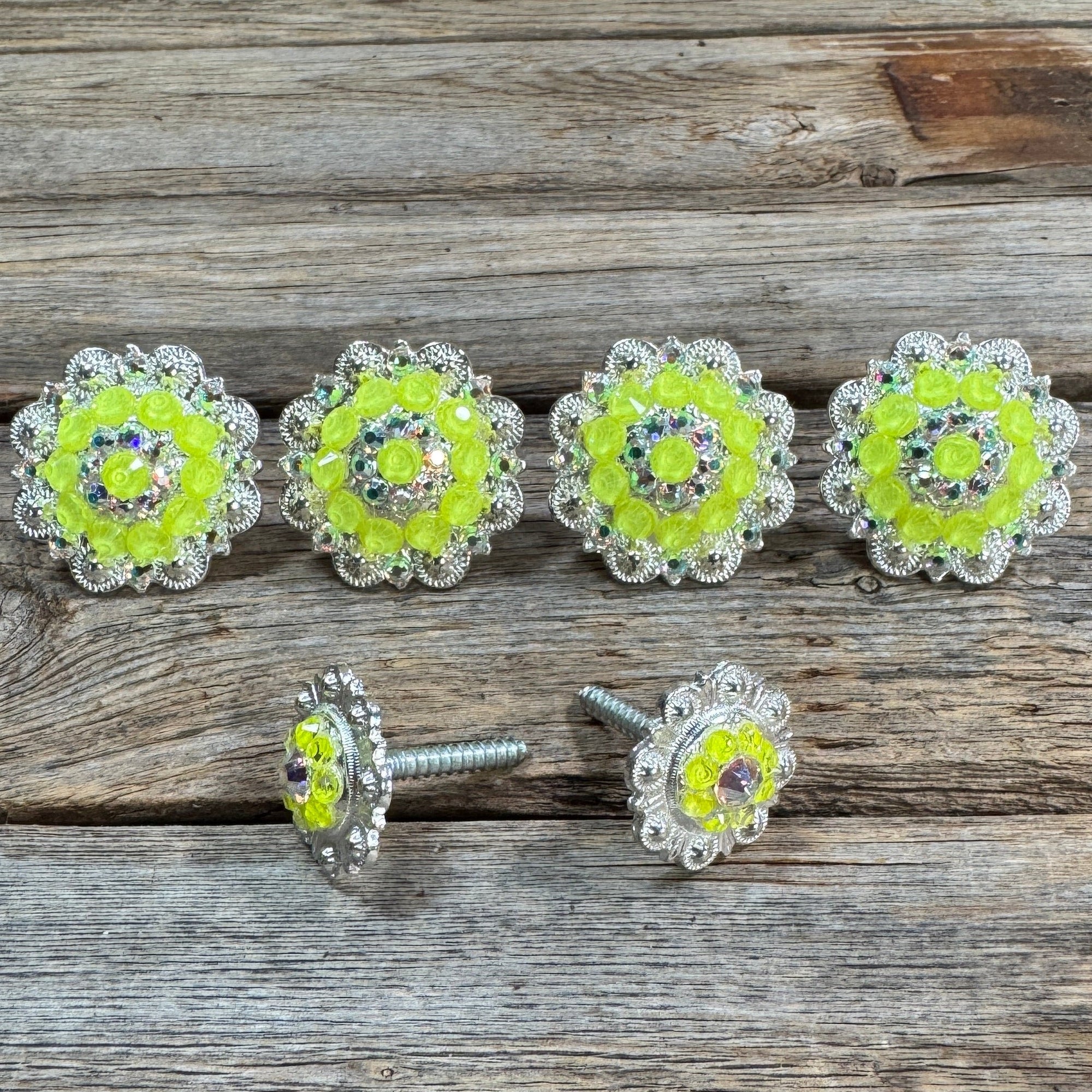 Bright Silver Neon Yellow &amp; AB Saddle Conchos