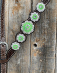 Dark Oil Floral Neon Green Browband / One Ear Tack Set 