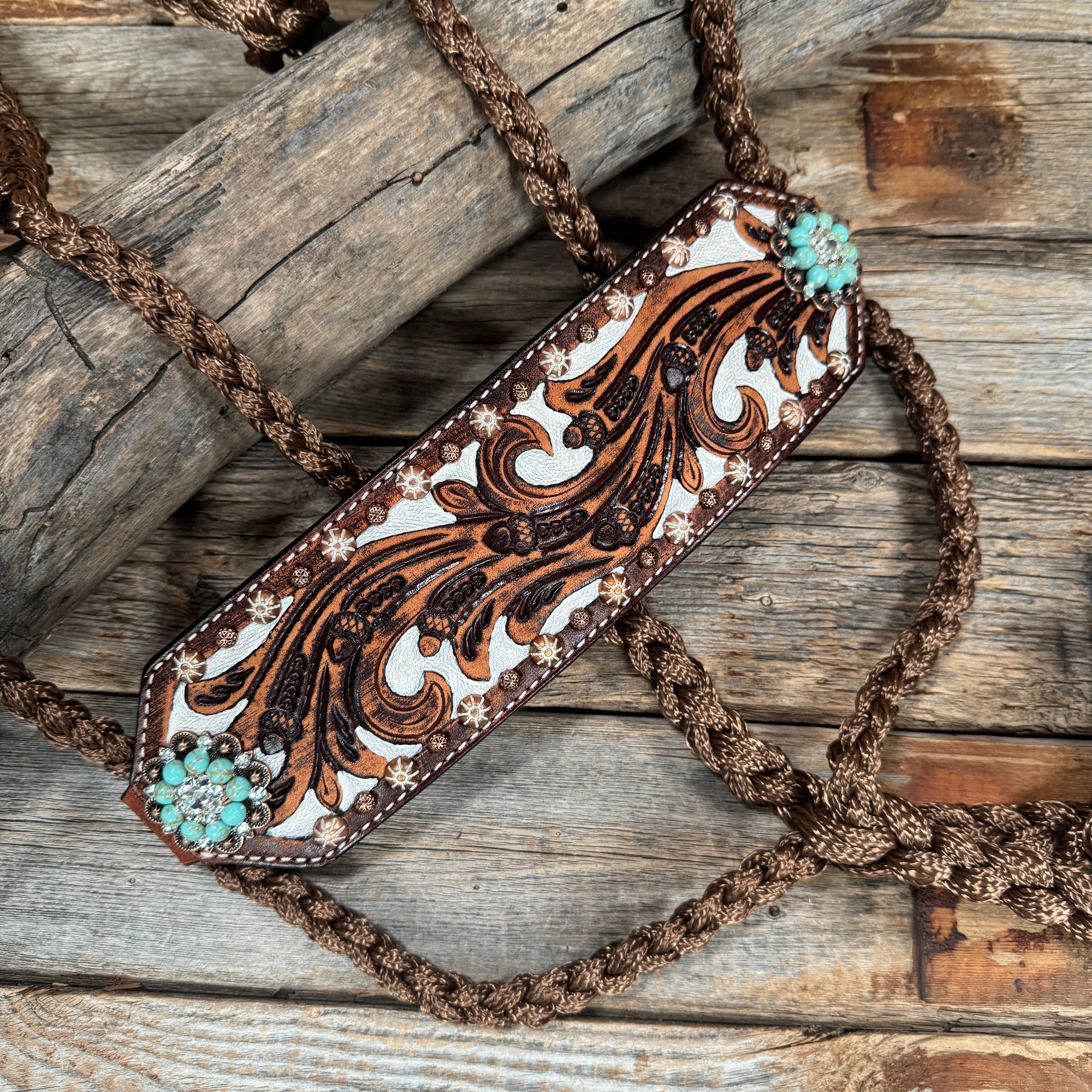 Bronc Noseband Mule Tape Halter with Copper Turquoise/Clear Conchos 