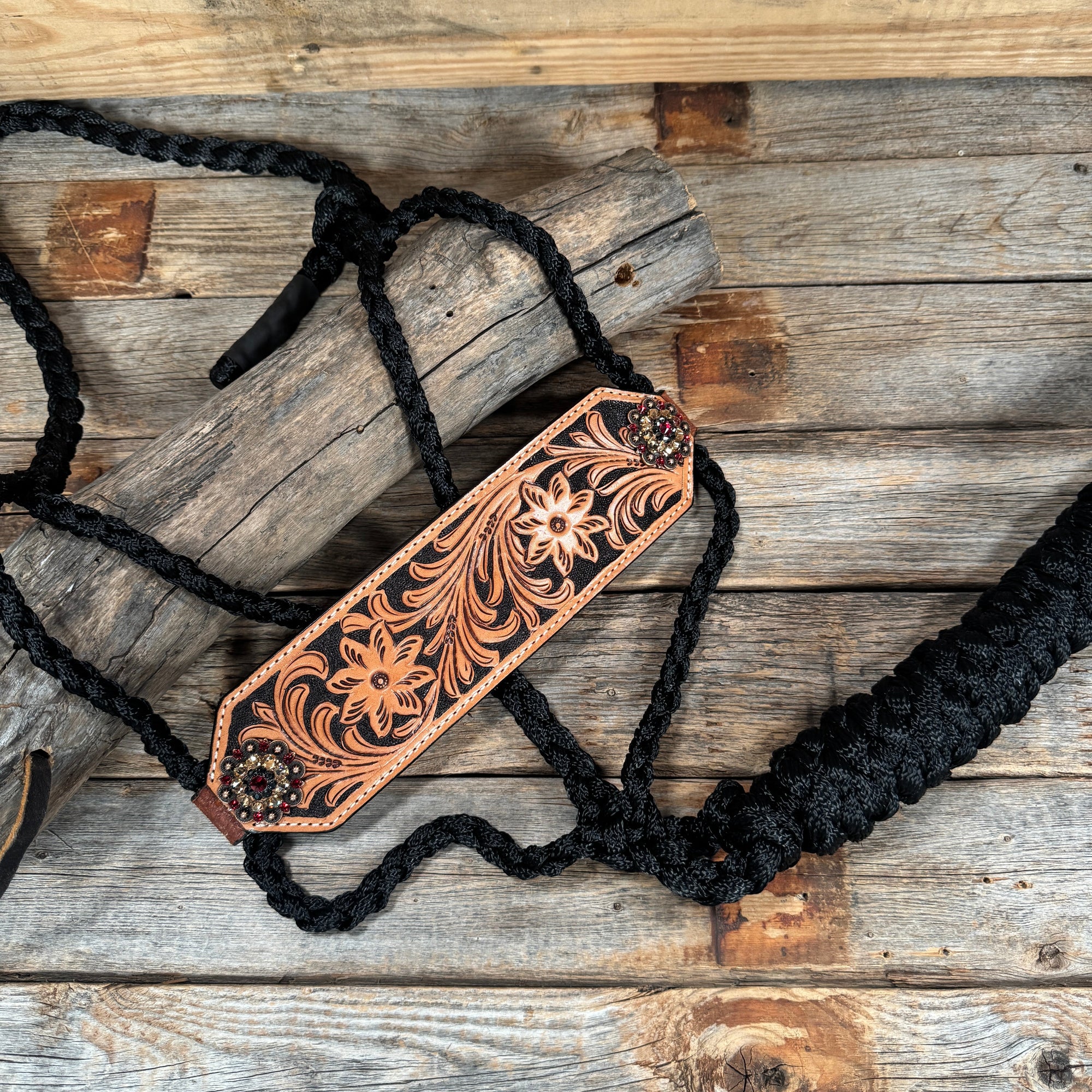 Bronc Noseband Mule Tape Halter with Copper Ruby/Jet/Champagne Conchos 