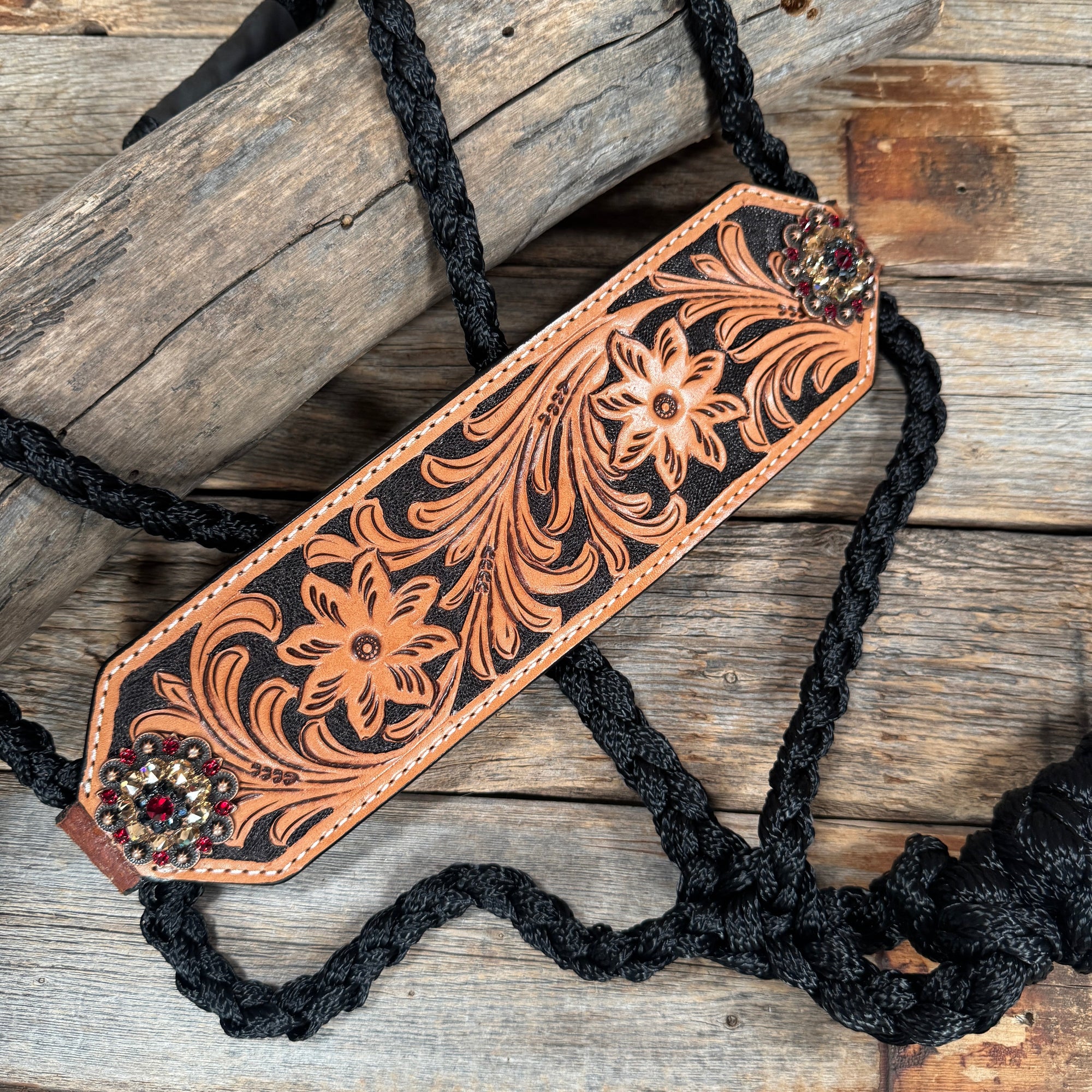 Bronc Noseband Mule Tape Halter with Copper Ruby/Jet/Champagne Conchos 