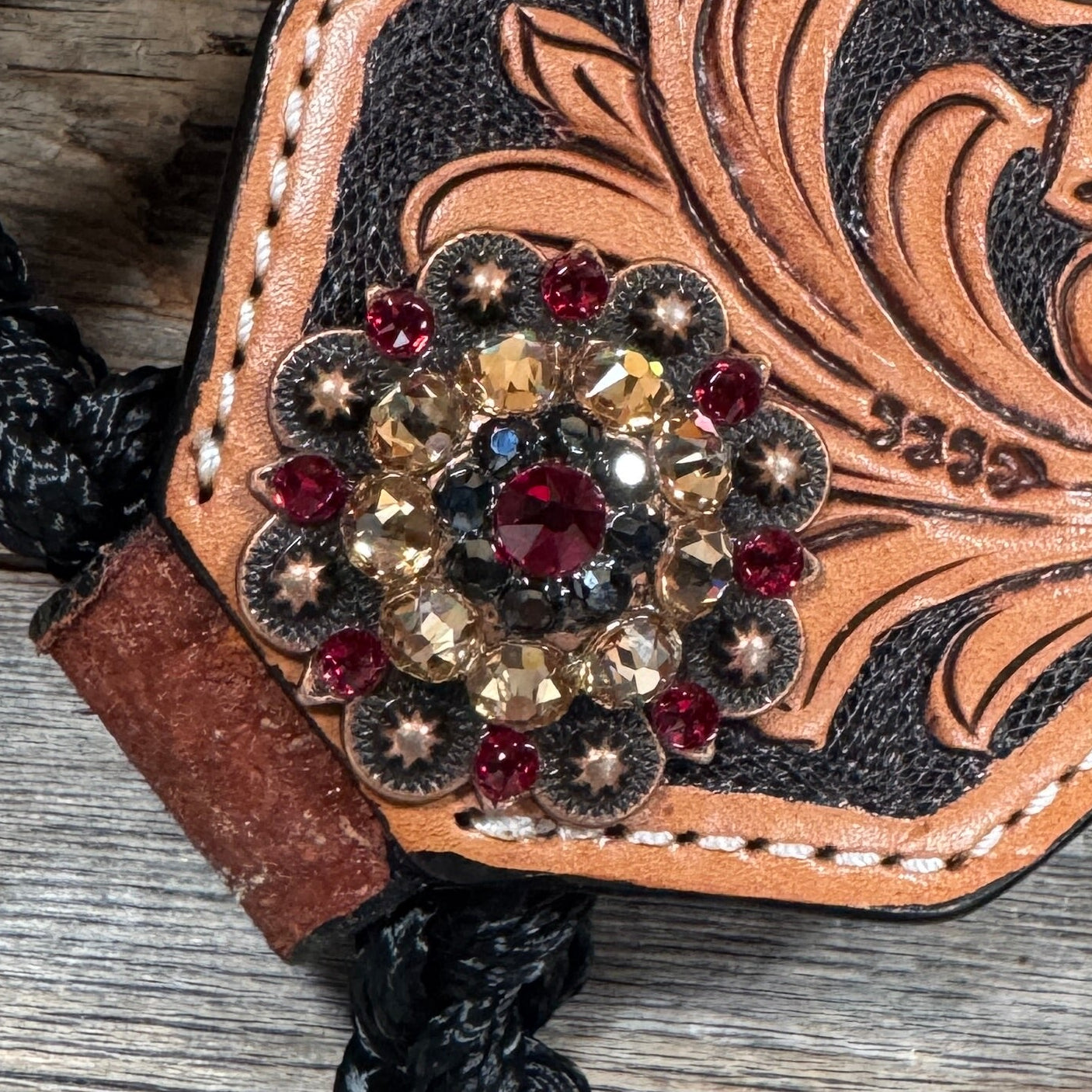 Bronc Noseband Mule Tape Halter with Copper Ruby/Jet/Champagne Conchos 