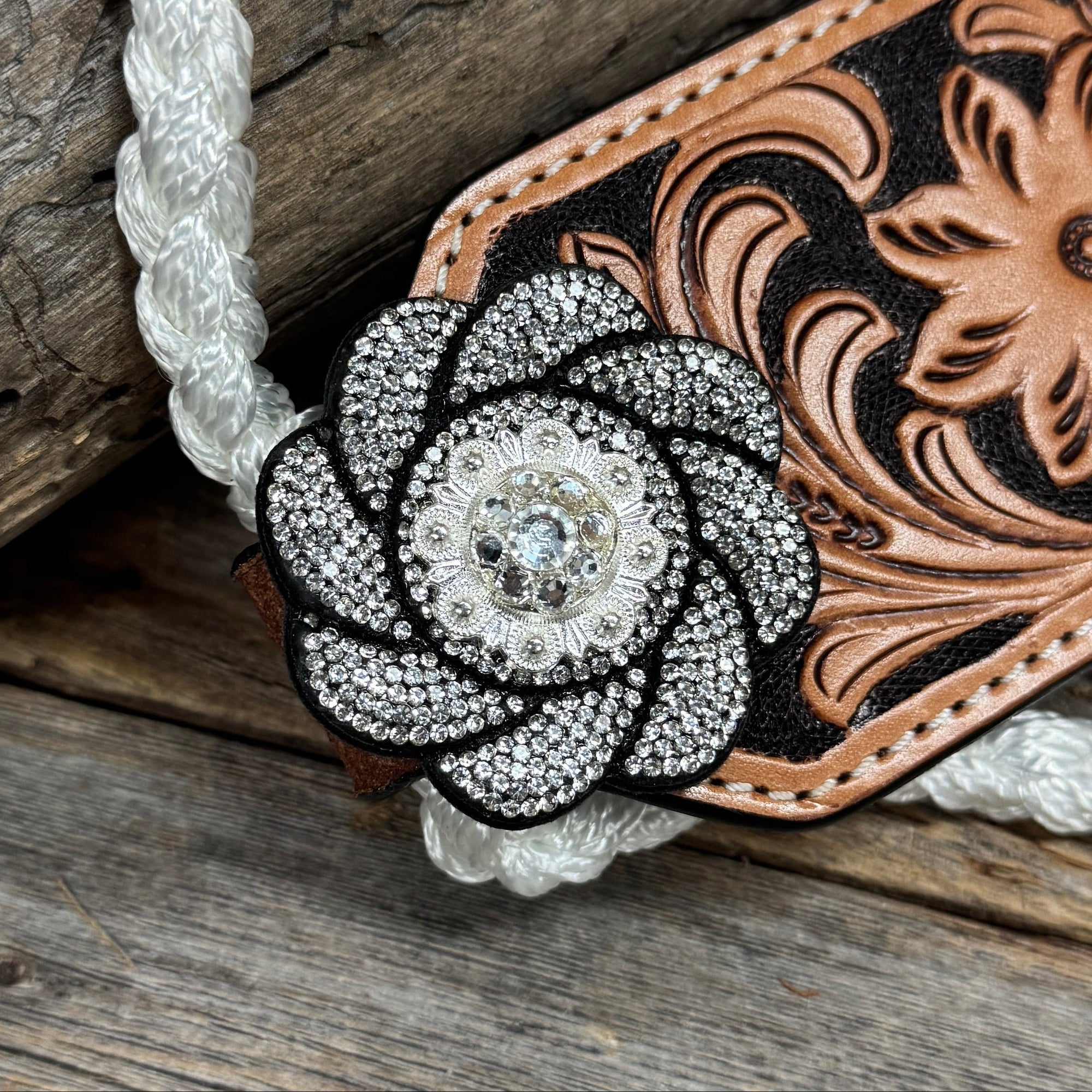 Bronc Noseband Mule Tape Halter with Bright Silver Clear Conchos 
