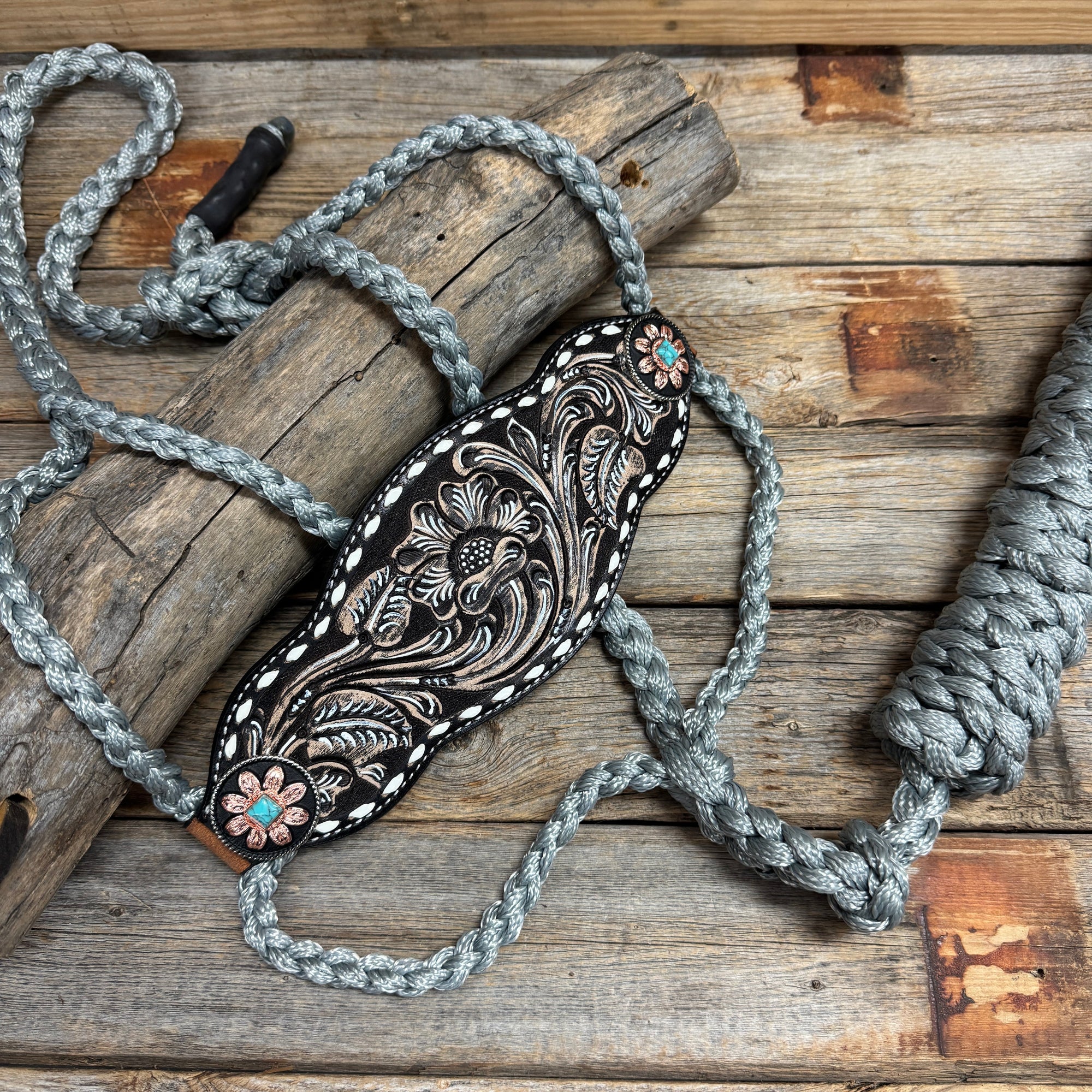 Bronc Noseband Mule Tape Halter with Turquoise Sunflower Western Conchos 