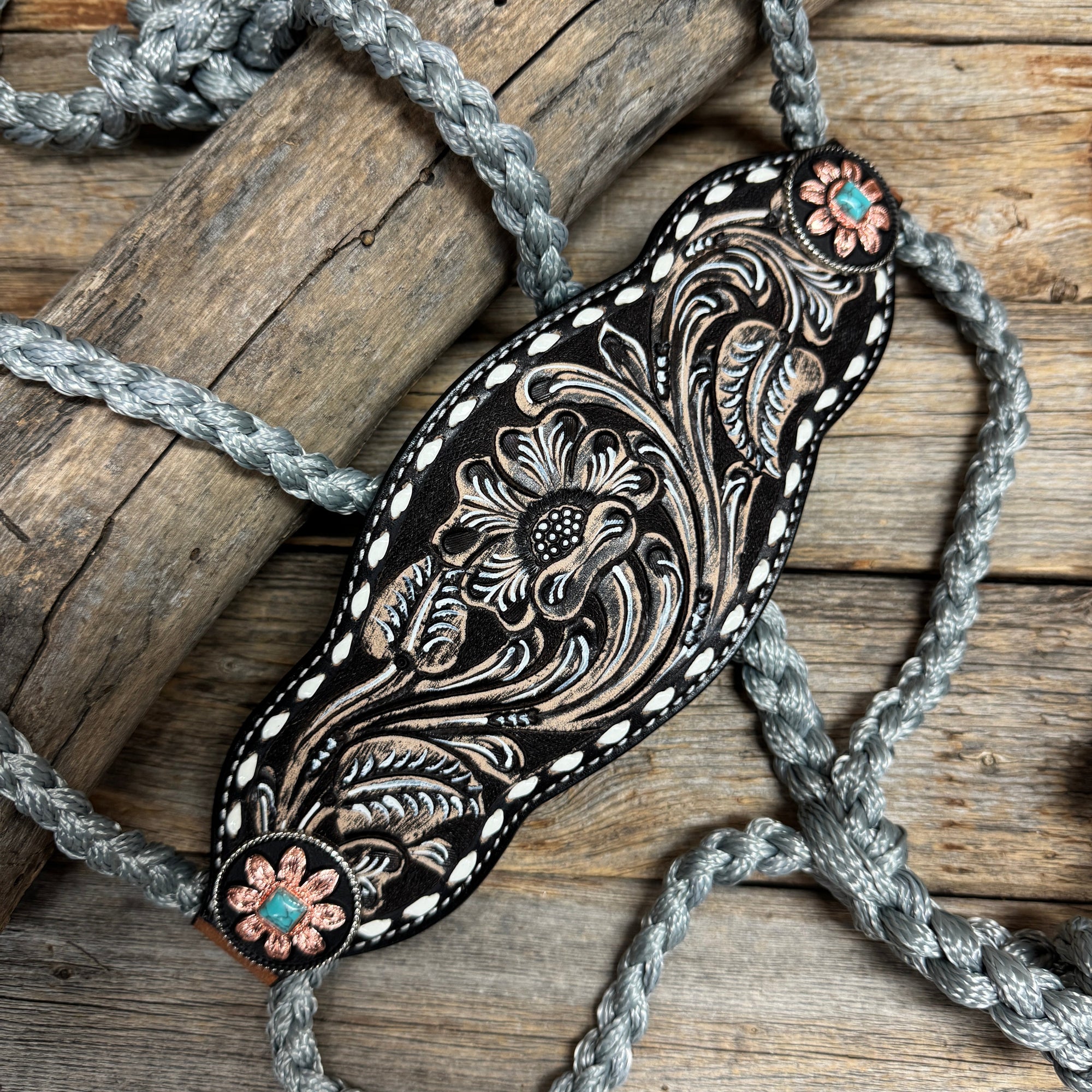 Bronc Noseband Mule Tape Halter with Turquoise Sunflower Western Conchos 