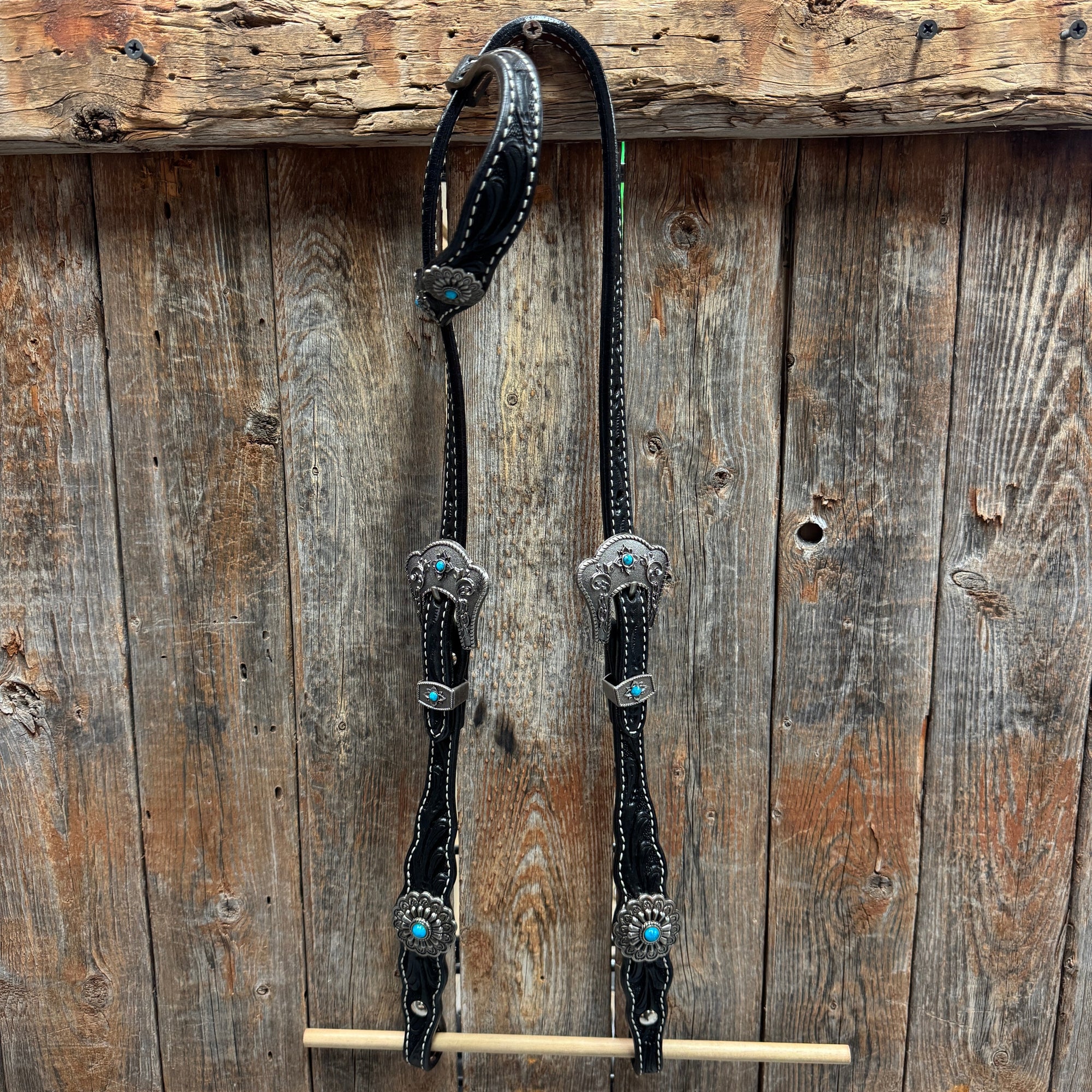 Black Floral Antique Silver Turquoise Browband/One Ear Tack Set