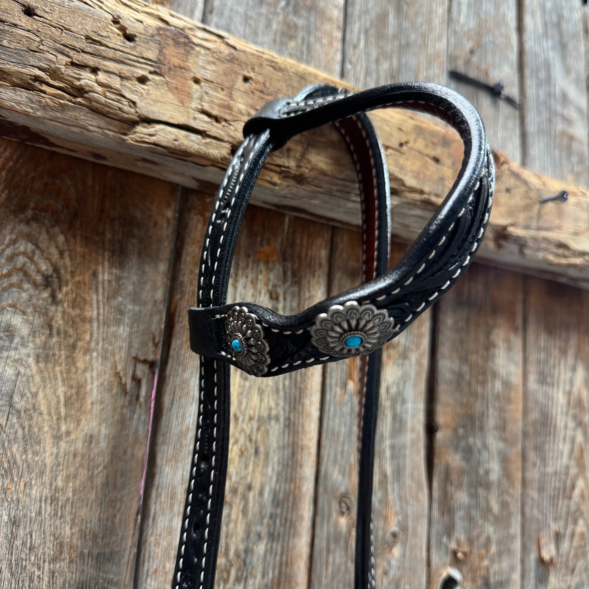 Black Floral Antique Silver Turquoise Browband/One Ear Tack Set
